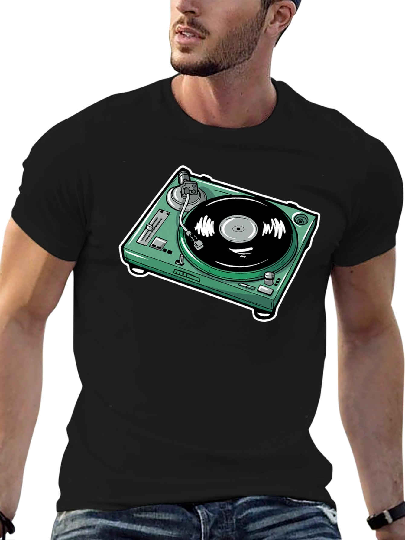 Black Turntable Graphic T-Shirt - Black Cotton Tee view 6