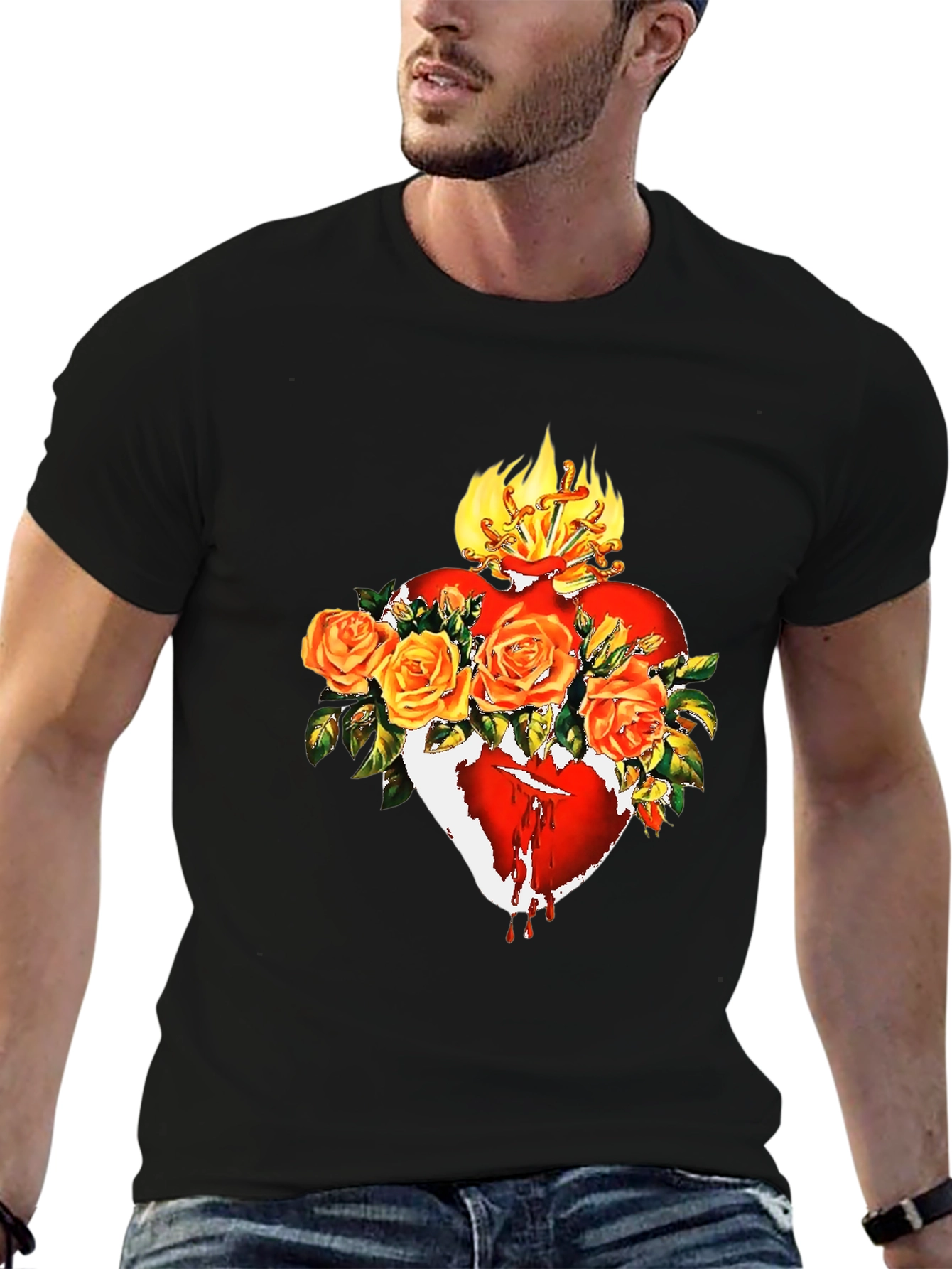 Black Sacred Heart Rose T-Shirt - Unique Graphic Tee view 6