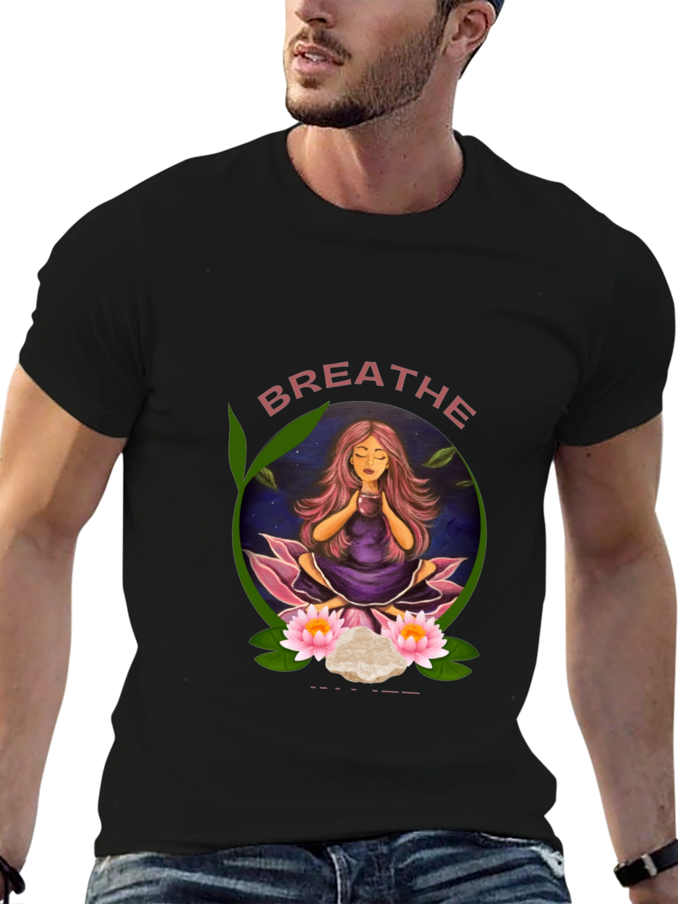 Black Breathe Yoga T-Shirt - Meditating Woman Design view 6