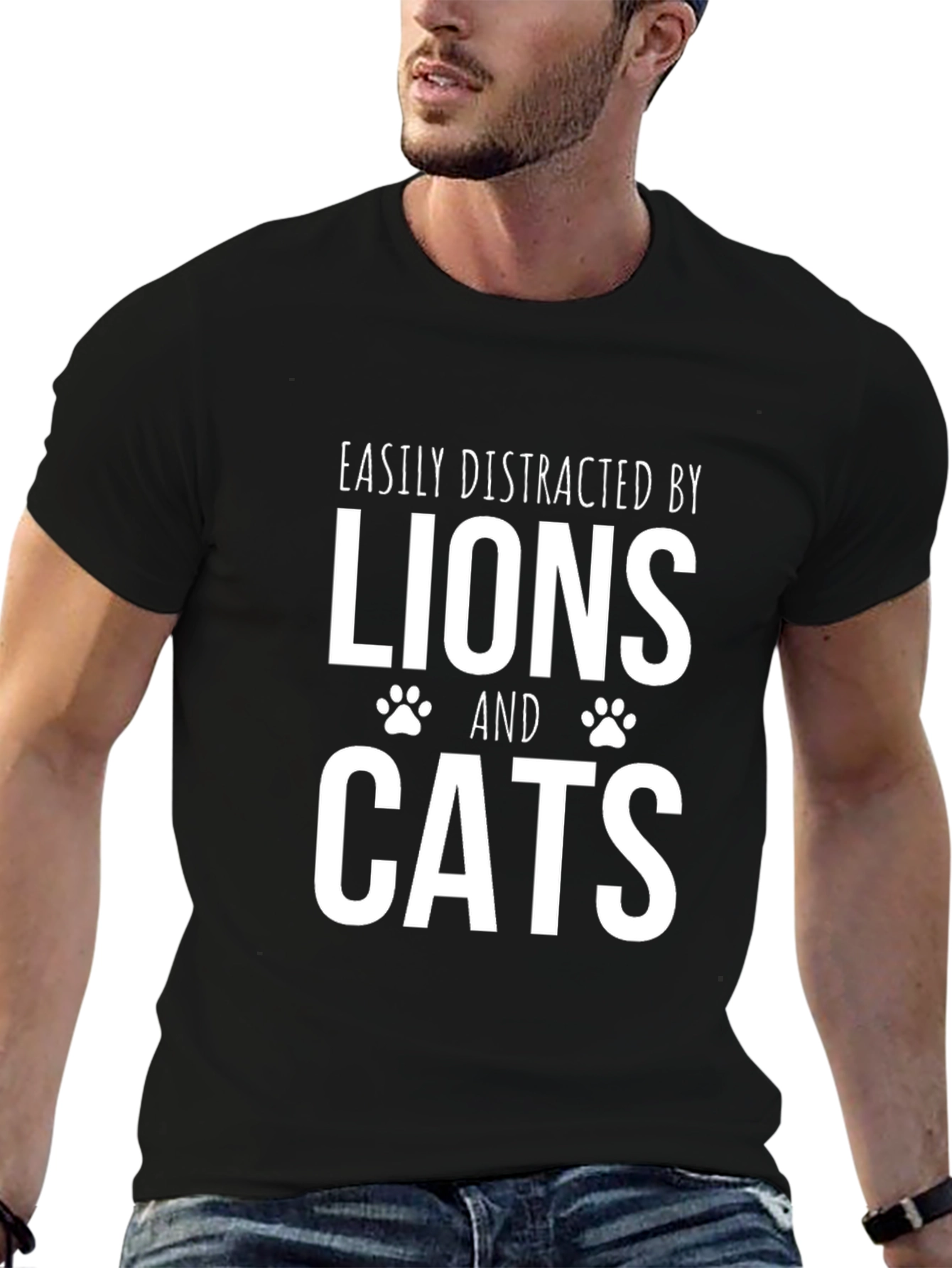 Black Easily Distracted By Lions & Cats Black T-Shirt view 6