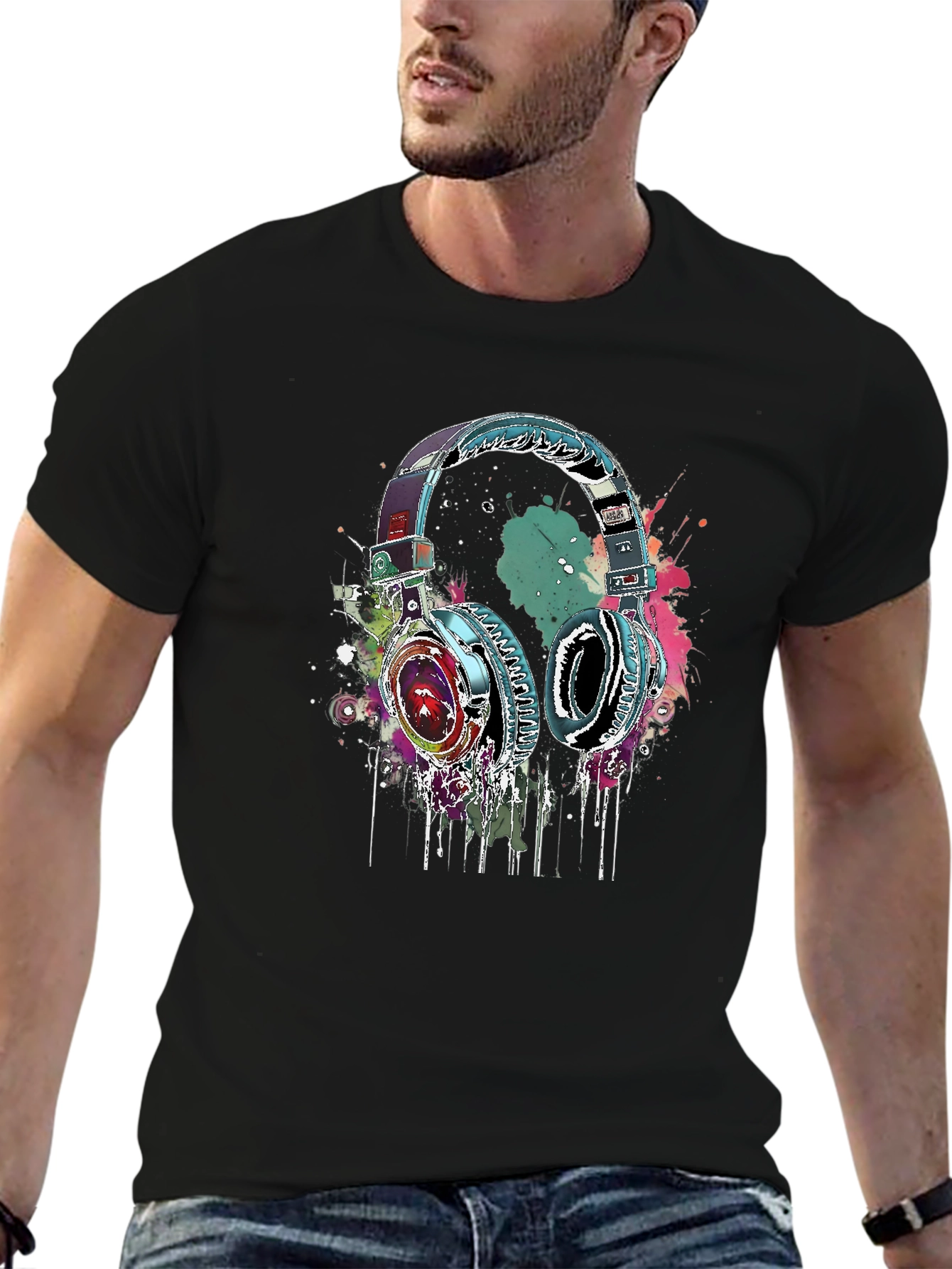 Black Vibrant Headphones Graphic Black T-Shirt view 6