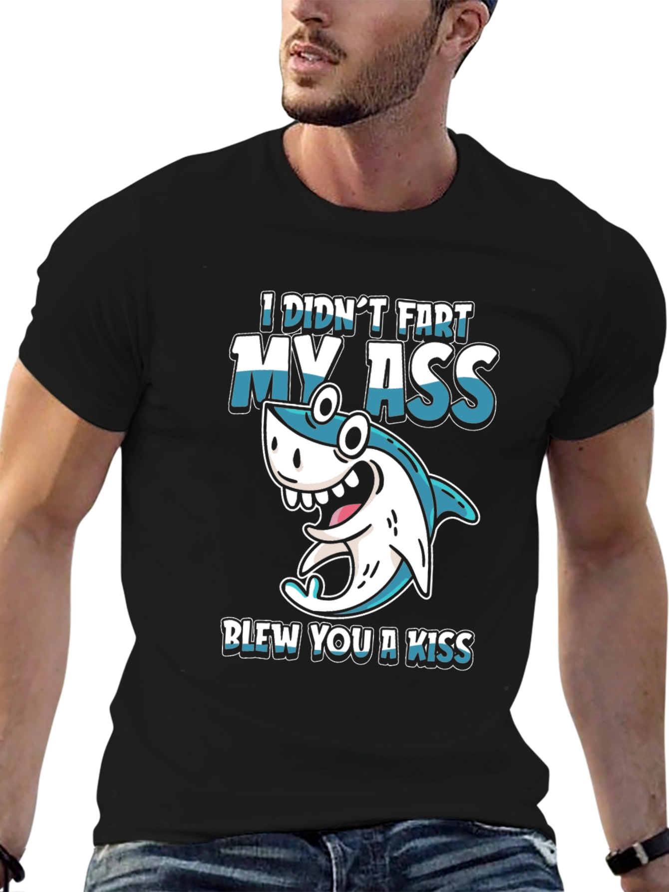 Black Funny Shark Fart Kiss T-Shirt - Humor Tee view 6