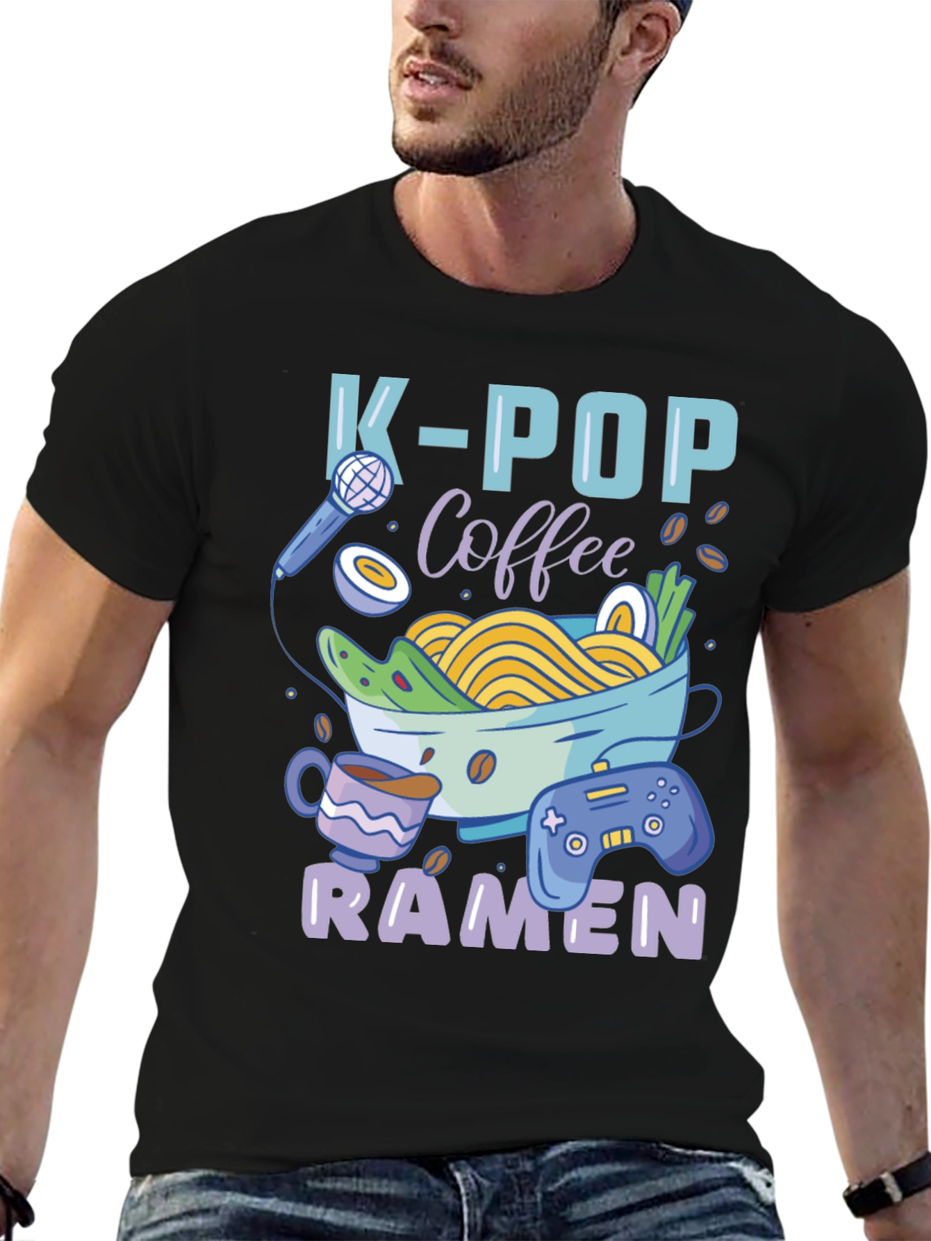 Black K-POP Coffee Ramen Gamer Graphic T-Shirt view 6