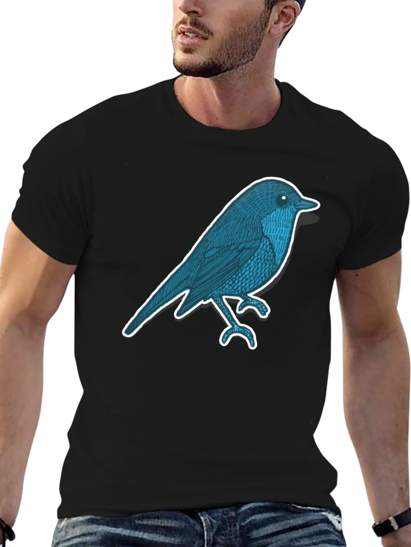 Black Men's Black T-Shirt with Bird Graphic view 6