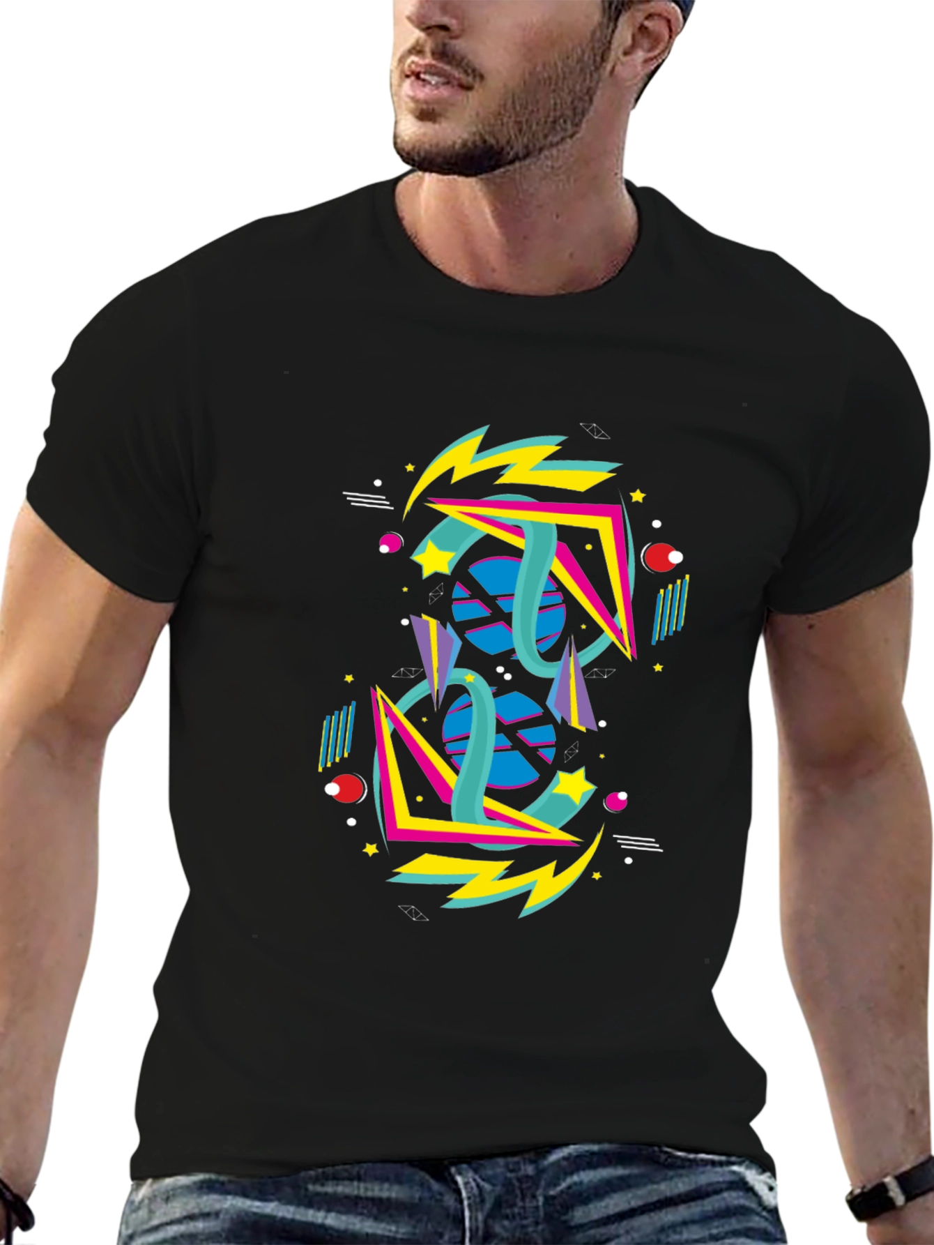 Black Retro 80s Geometric Graphic T-Shirt view 6