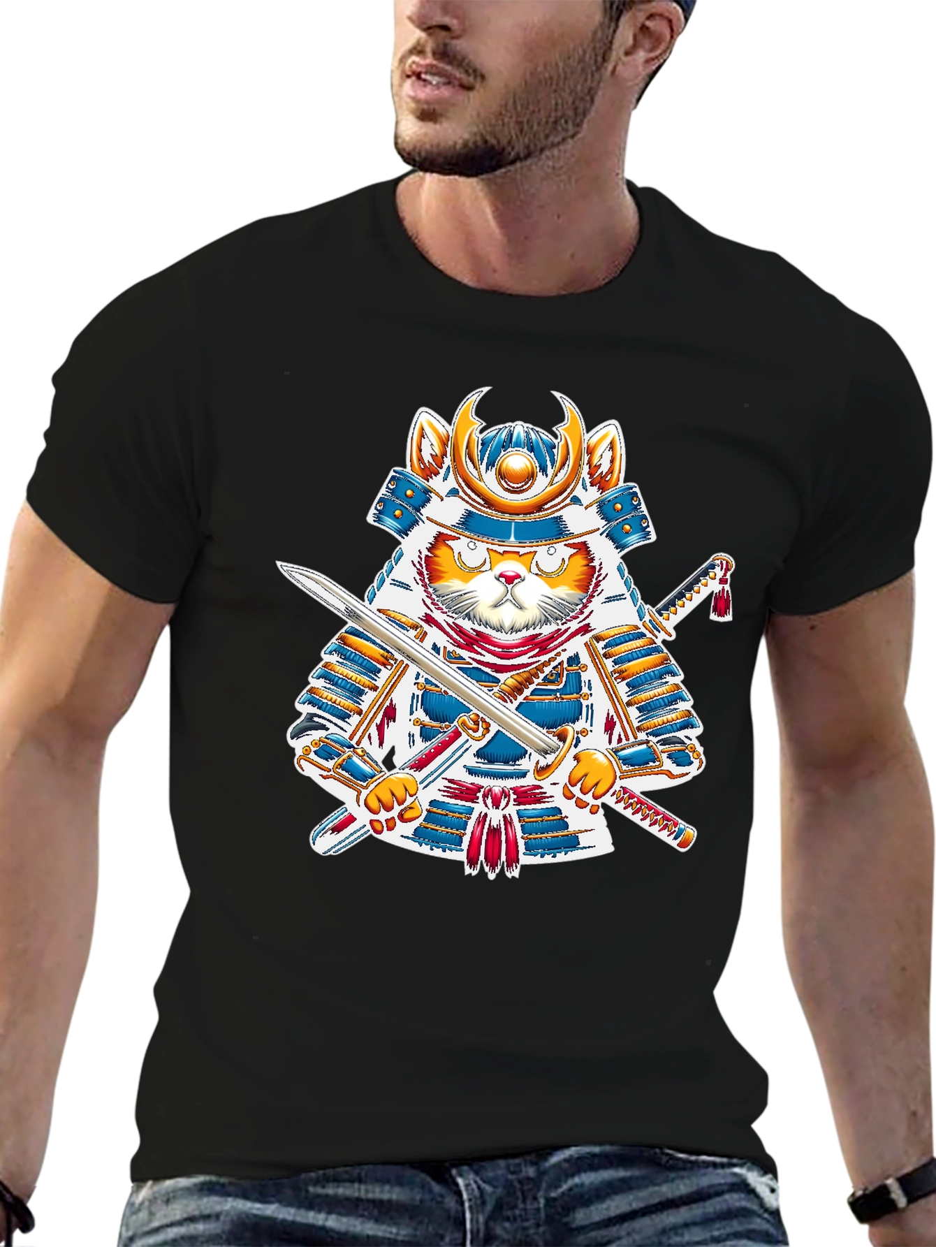 Black Samurai Cat T-Shirt - Warrior Kitten Graphic Tee view 6