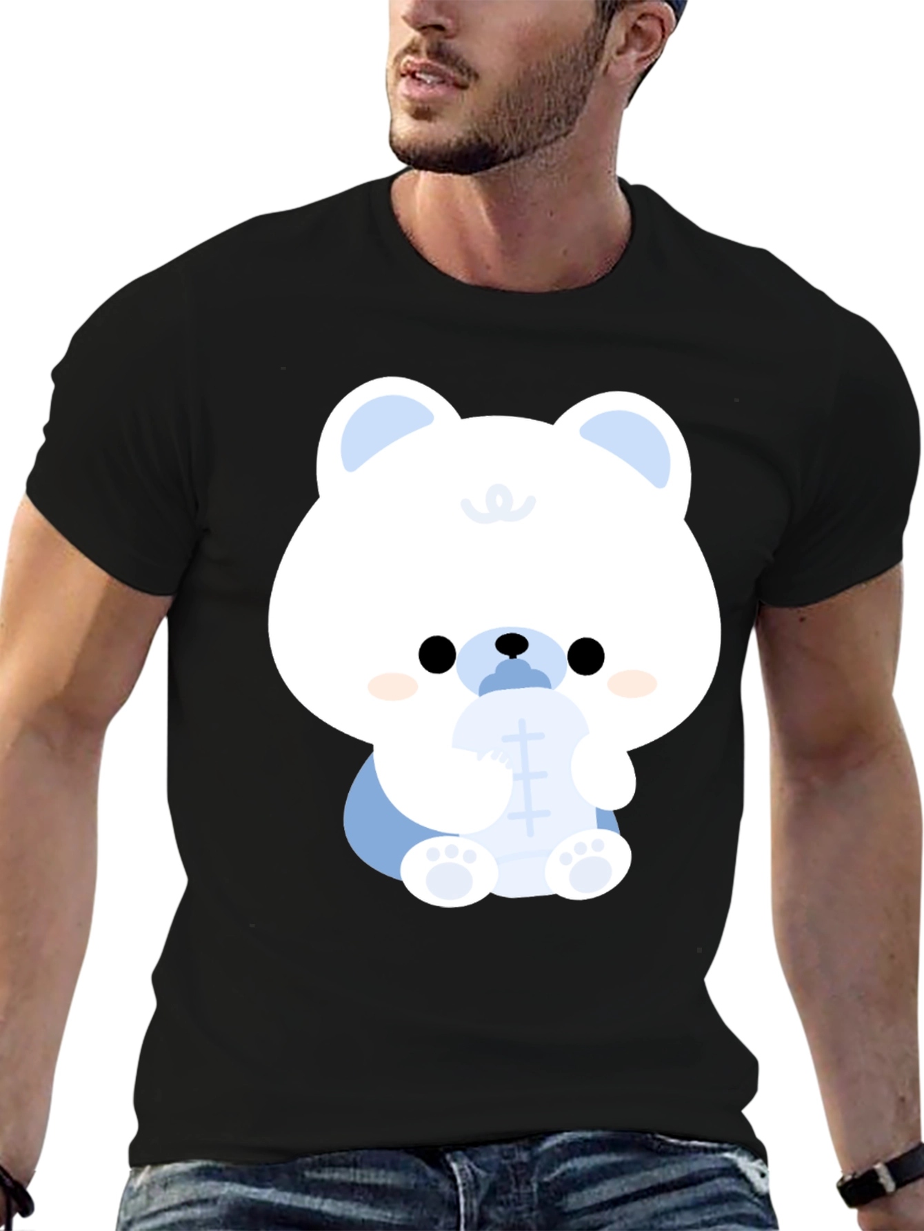 Black Cute Cartoon Bear Black T-Shirt view 6