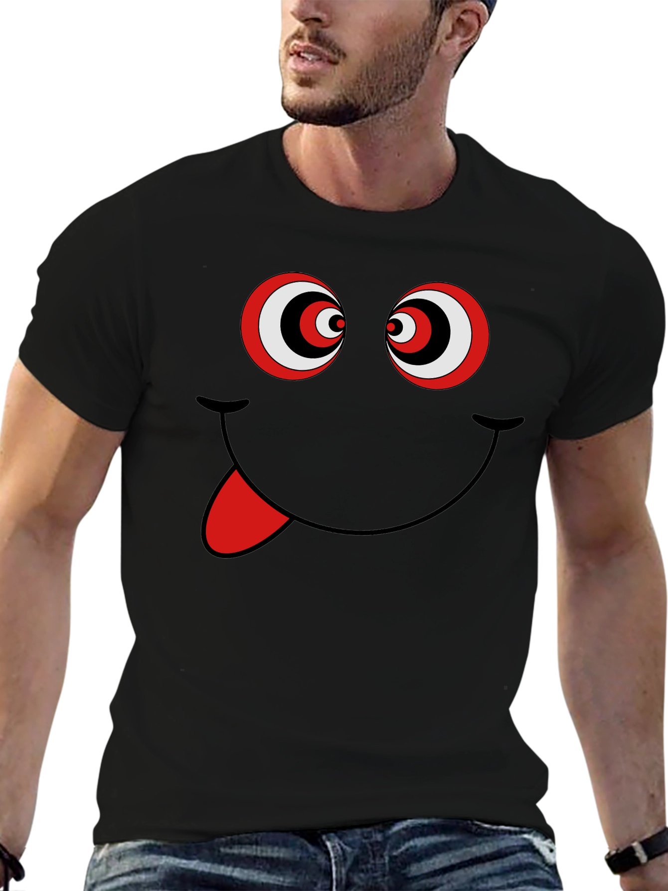 Black Funny Graphic Tee - Crazy Eyes Smiley Face T-Shirt view 6