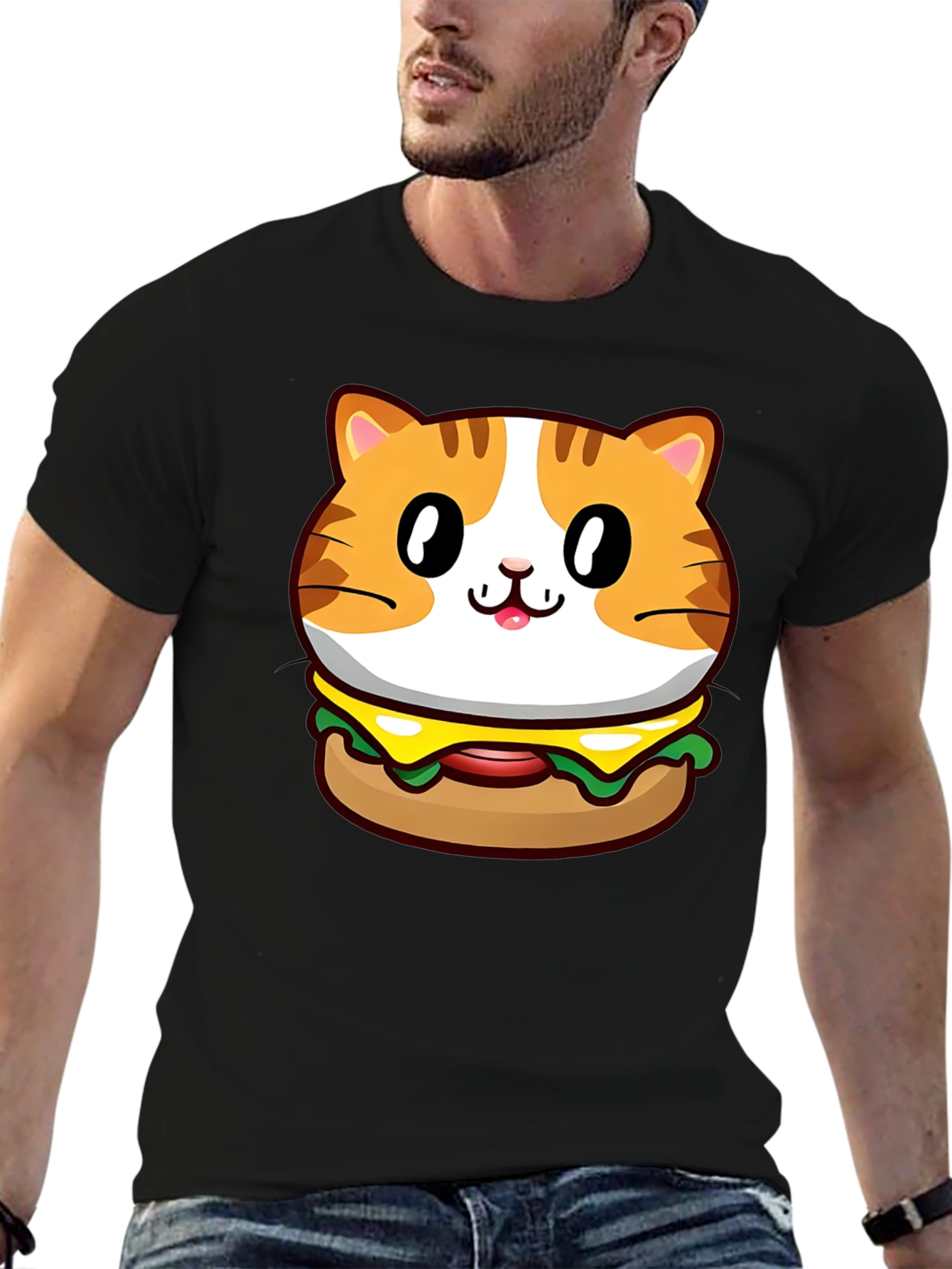 Black Cat Burger Graphic Tee - Unisex Black T-Shirt view 6