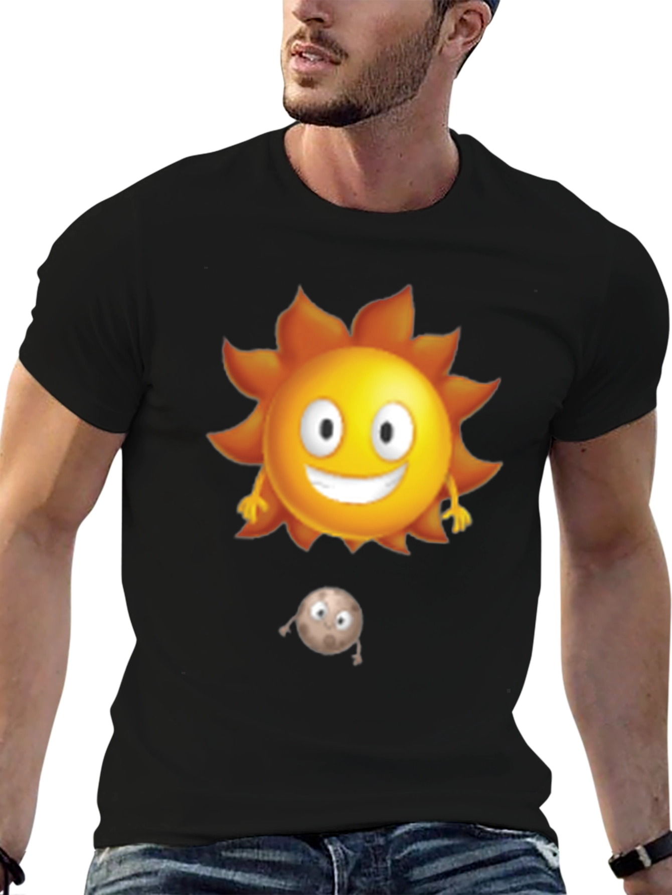 Black Cartoon Sun and Moon Black T-Shirt view 6