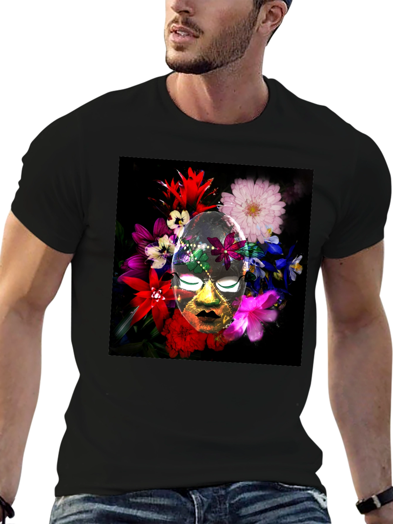 Black Floral Mask Graphic Tee - Black Cotton Blend view 6