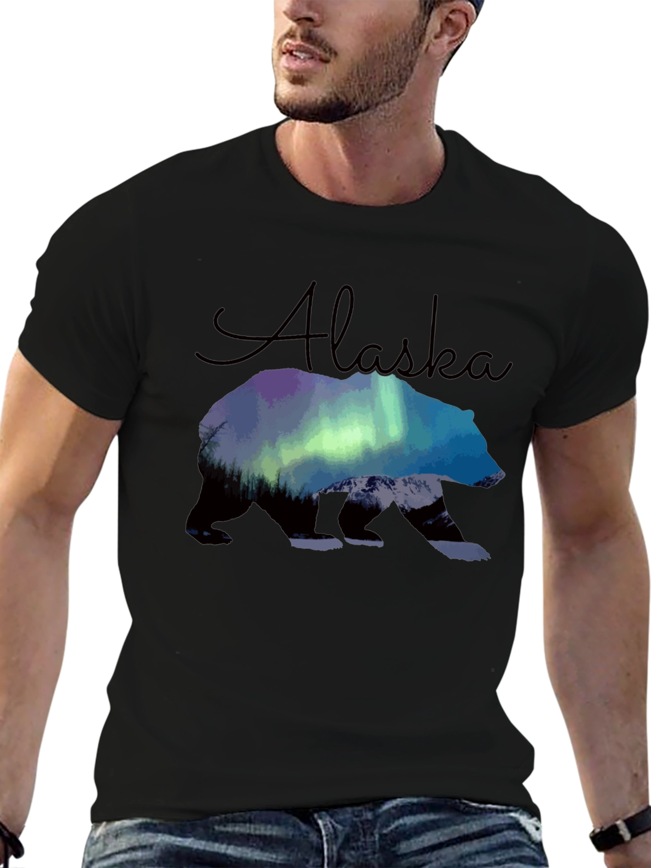 Black Alaska Bear Northern Lights Graphic T-Shirt view 6