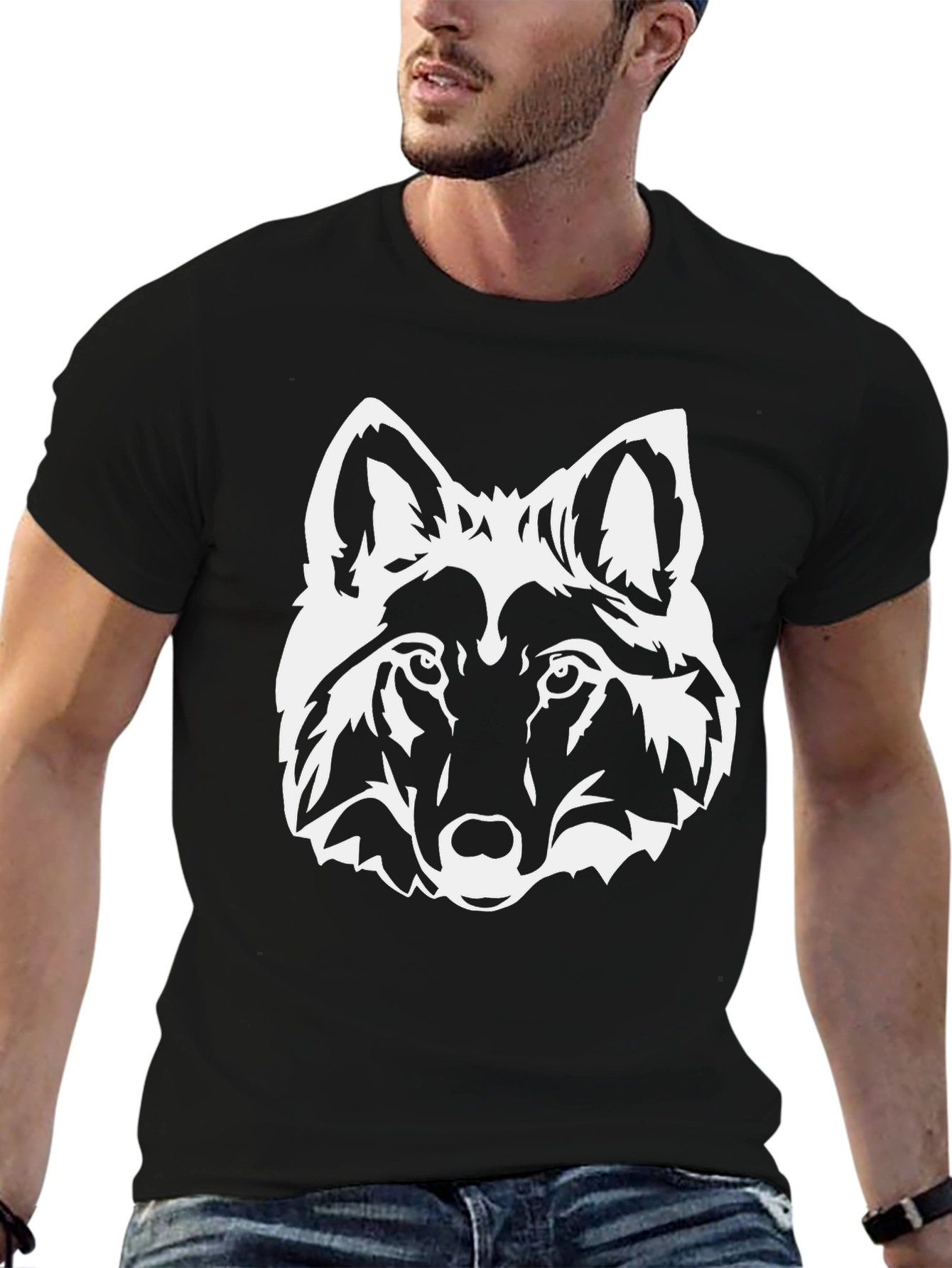 Black Black T-Shirt with White Wolf Graphic view 6