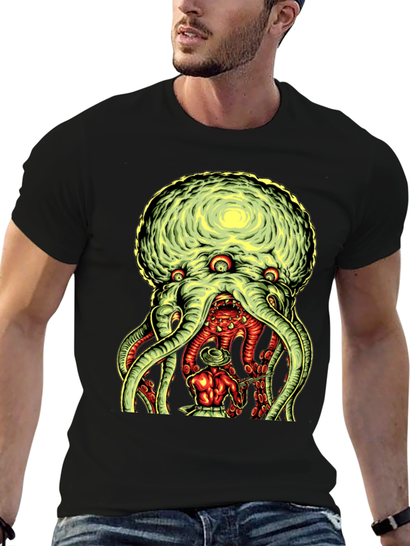 Black Tentacle Monster Graphic Tee - Black Cotton T-Shirt view 6