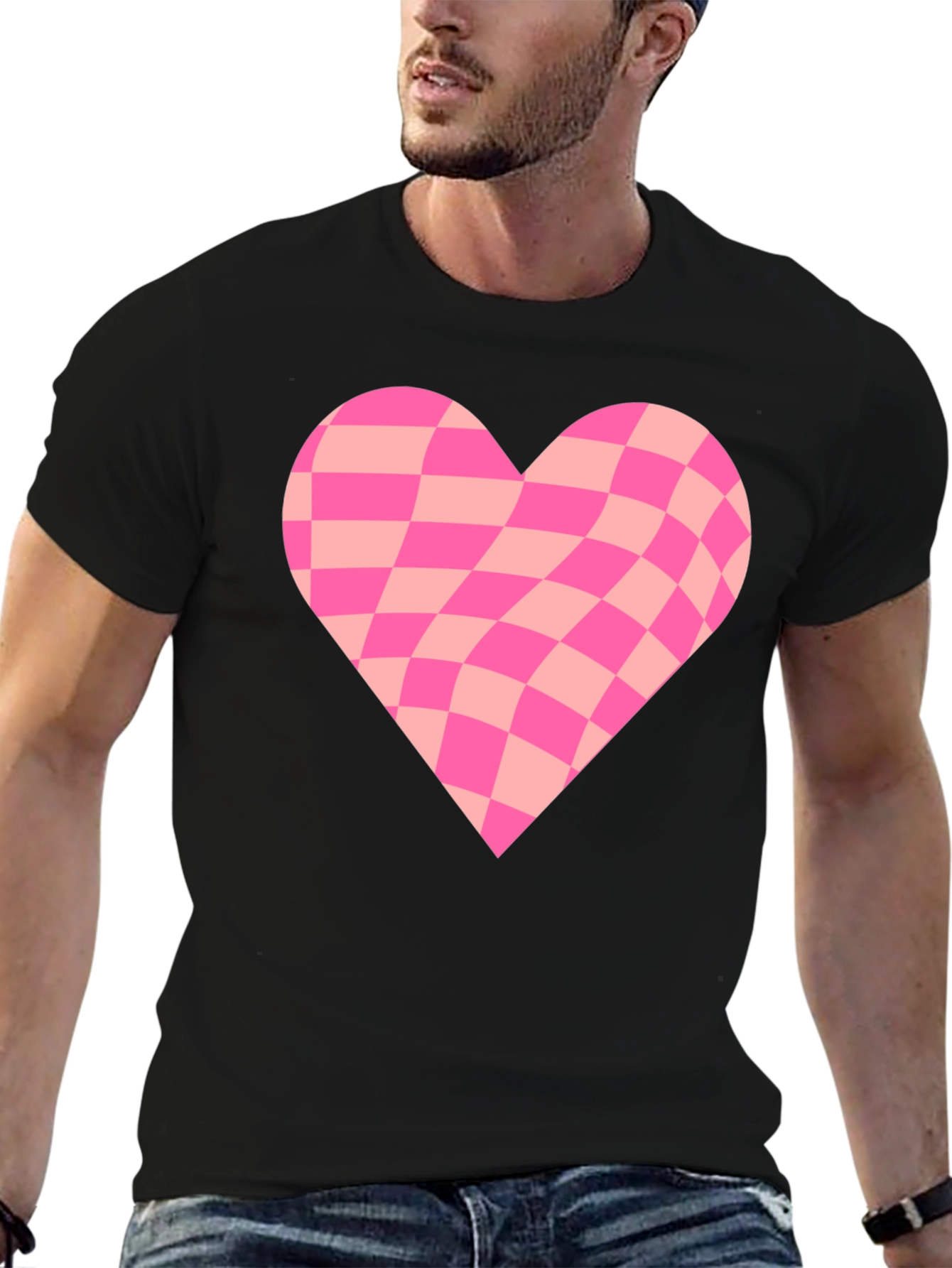 Black Warped Checkered Heart Graphic Tee - Black view 6
