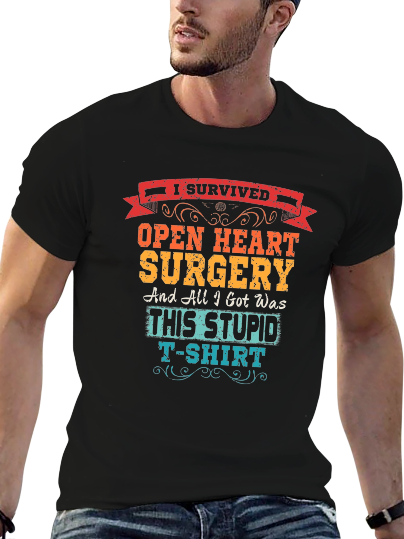 Black I Survived Open Heart Surgery T-Shirt view 6