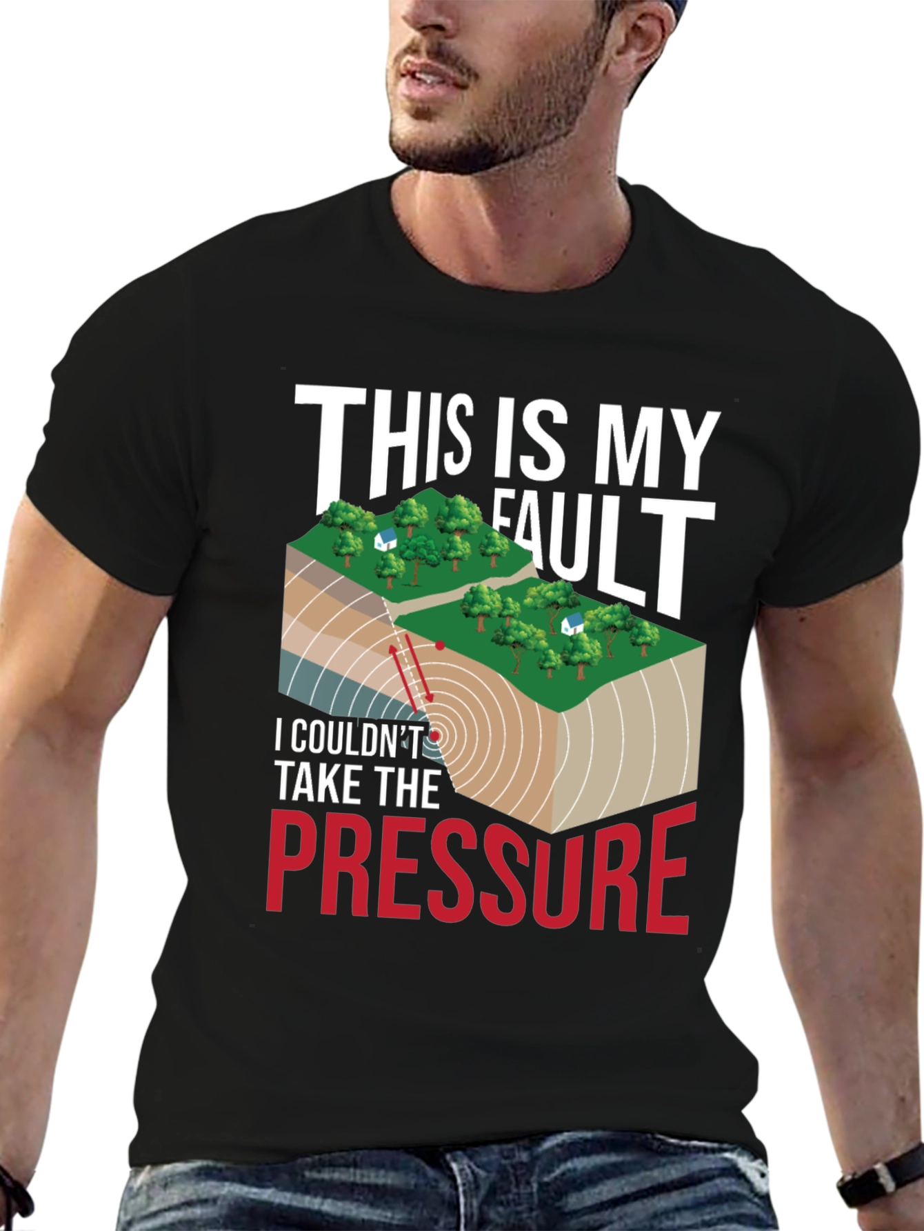 Black Geology Humor T-Shirt: This Is My Fault, Pressure view 6