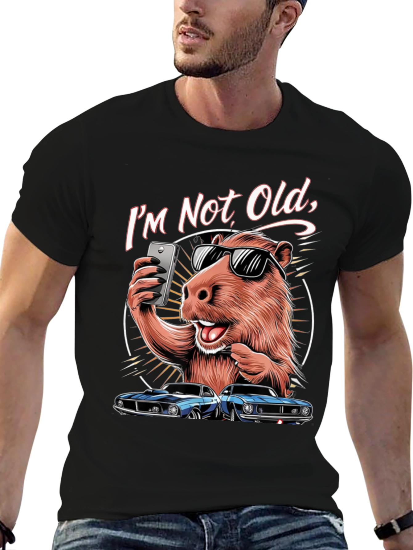 Black I'm Not Old T-Shirt: Capybara Selfie & Classic Car Design view 6