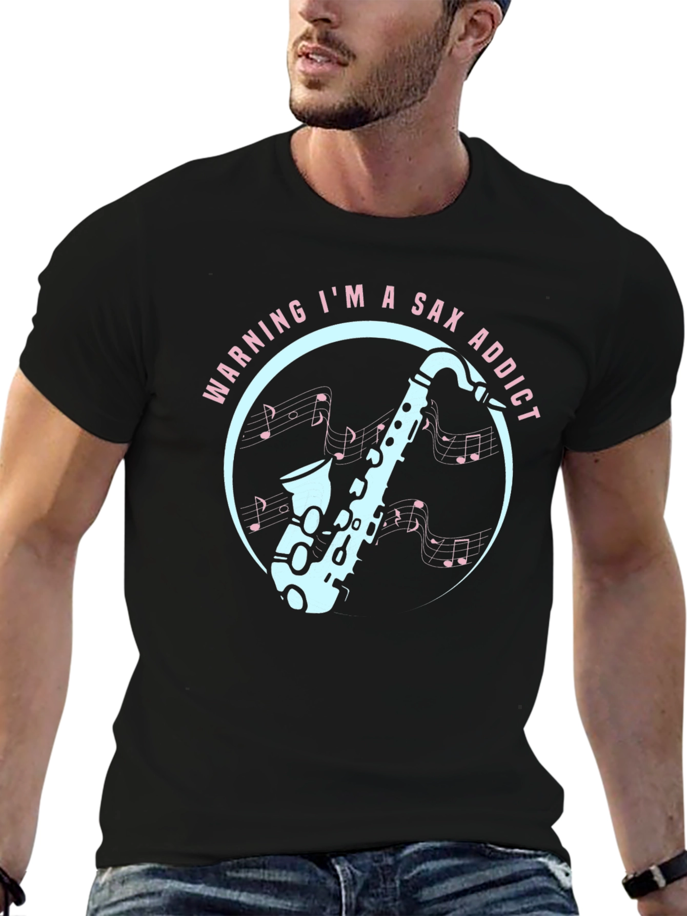 Black Sax Addict Graphic Tee - Musician's Humor T-Shirt view 6