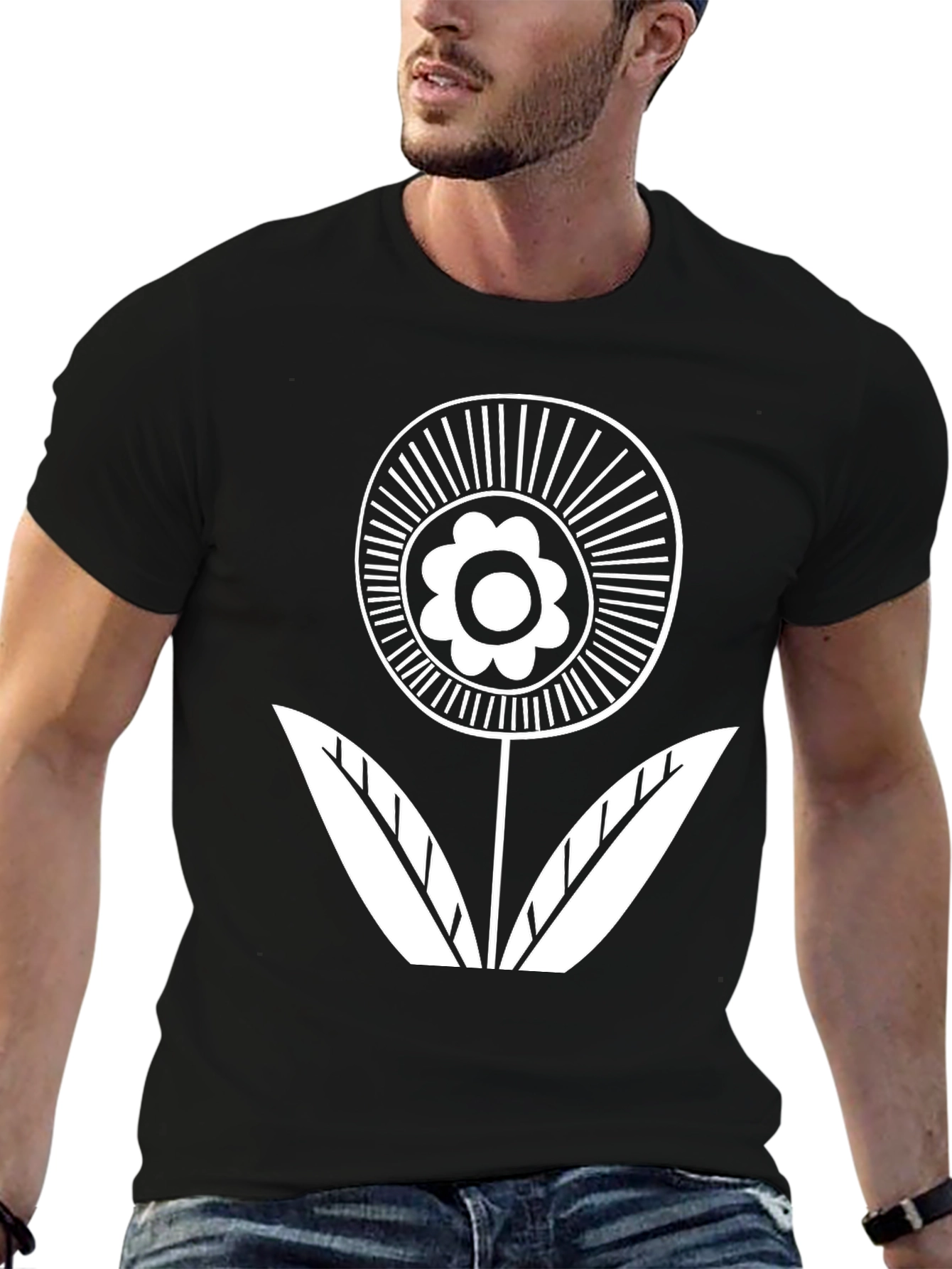 Black Black T-Shirt with White Flower Graphic view 6