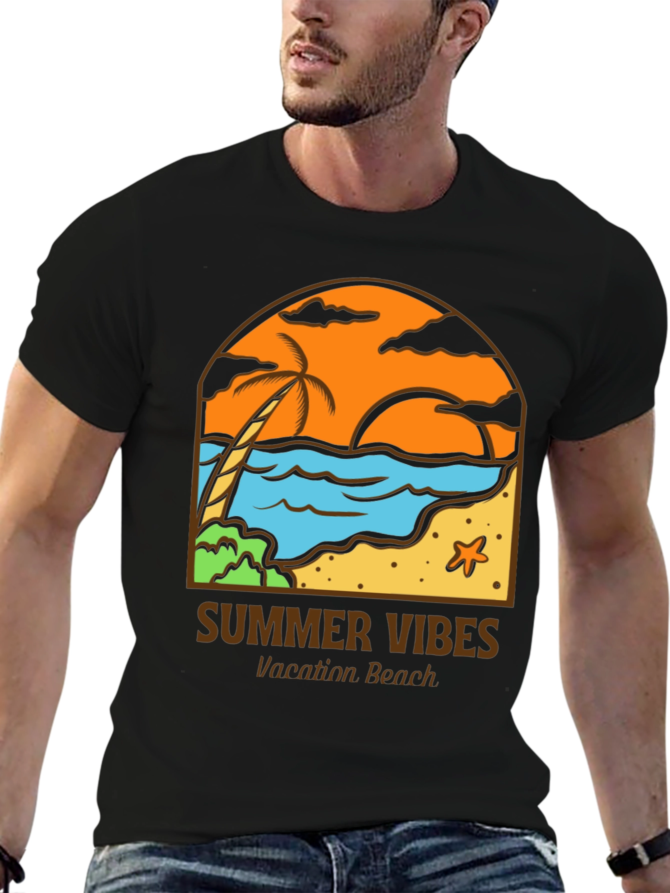 Black Summer Vibes Graphic Tee - Vacation Beach view 6