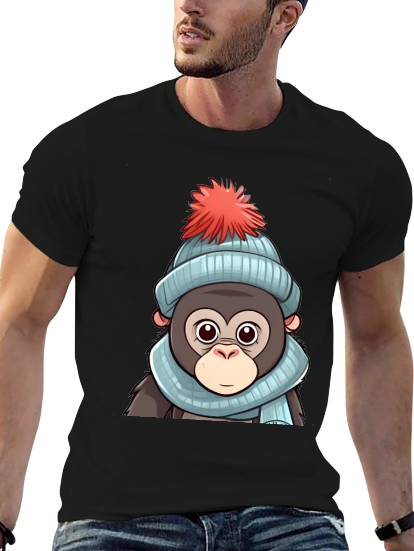 Black Cute Cartoon Monkey in Winter Hat T-Shirt view 6