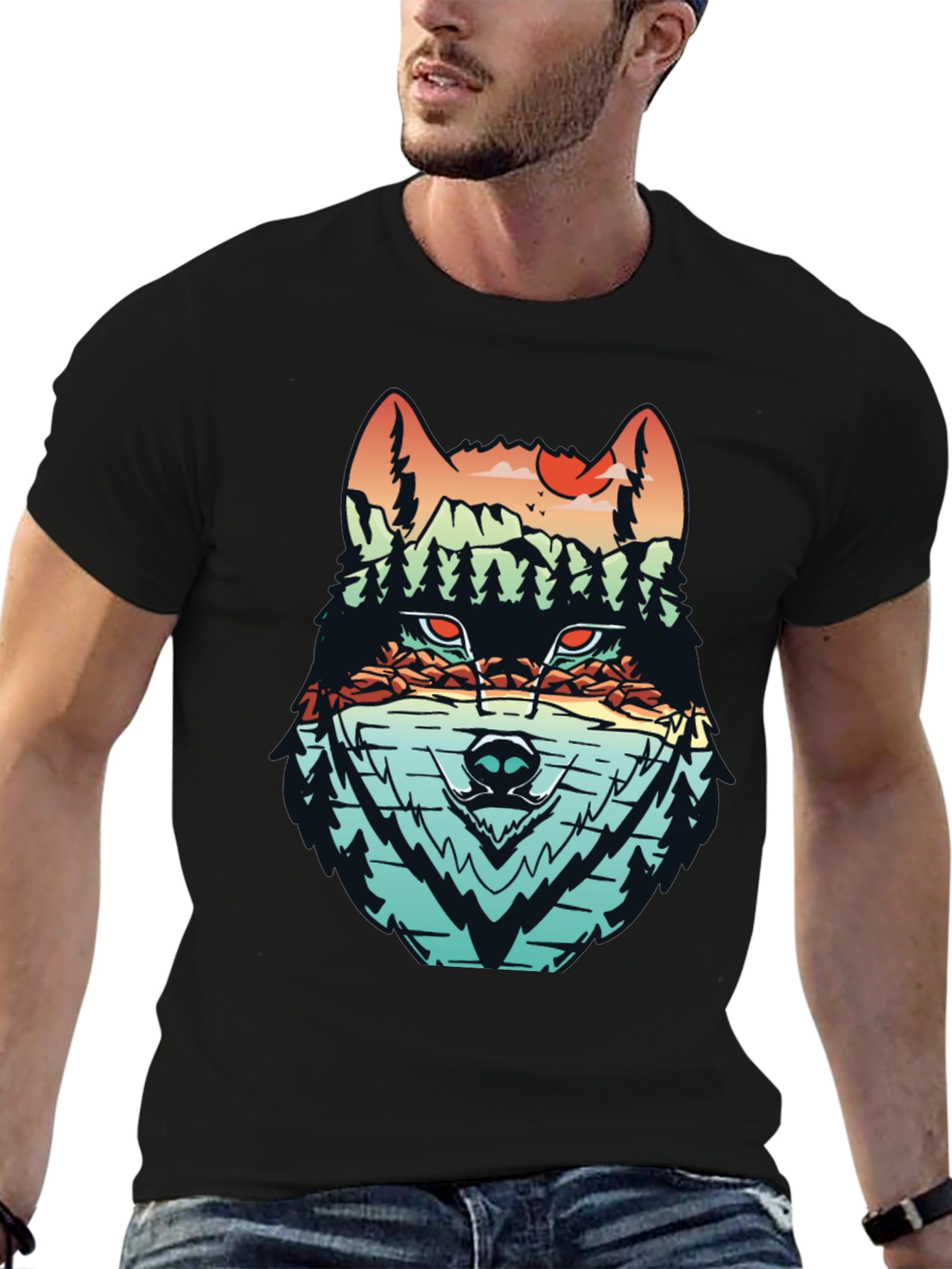 Black Nature Wolf Graphic Tee - Modern Mountainscape Design view 6