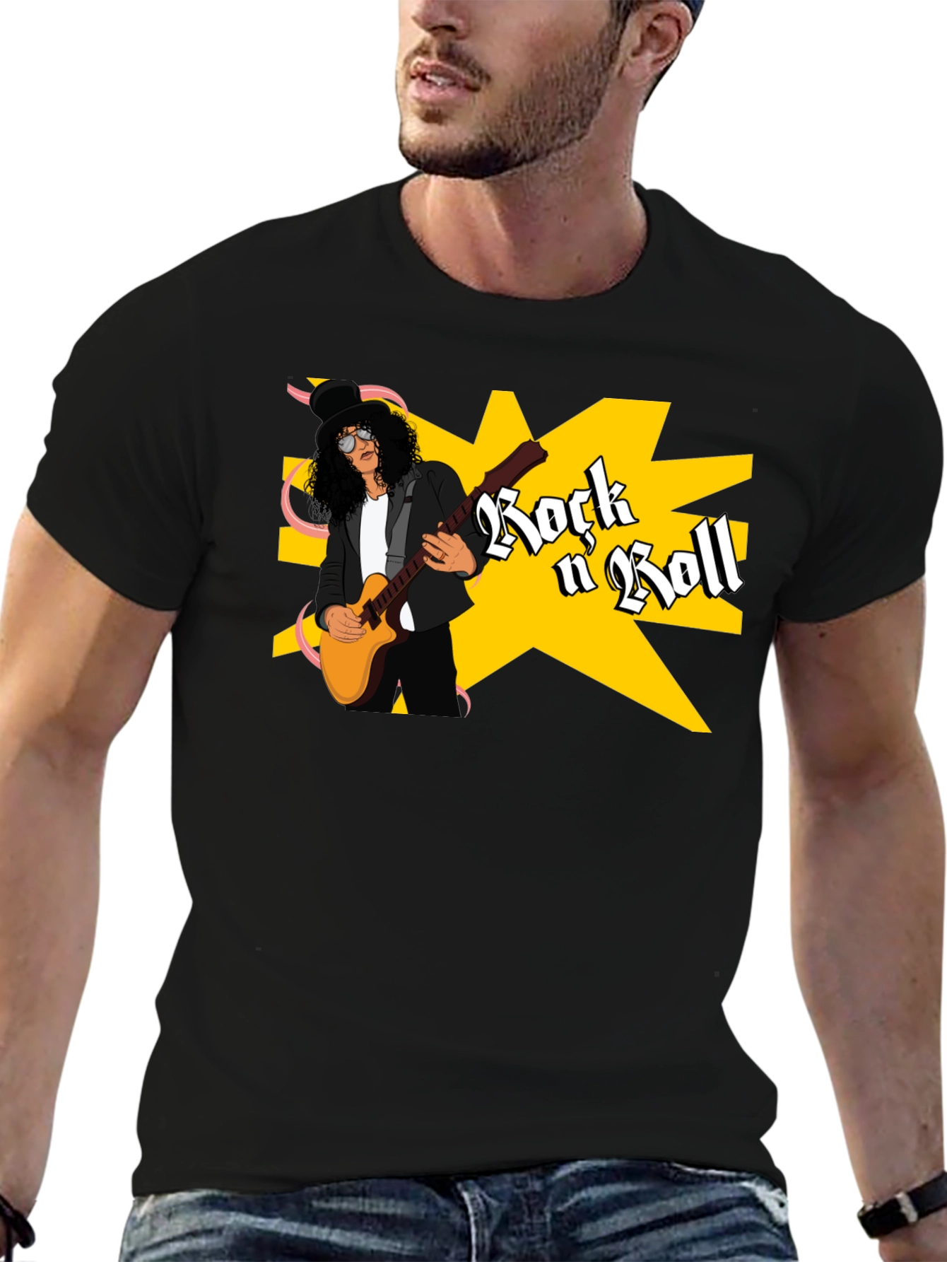 Black Rock n Roll Guitarist Graphic Tee - Black view 6