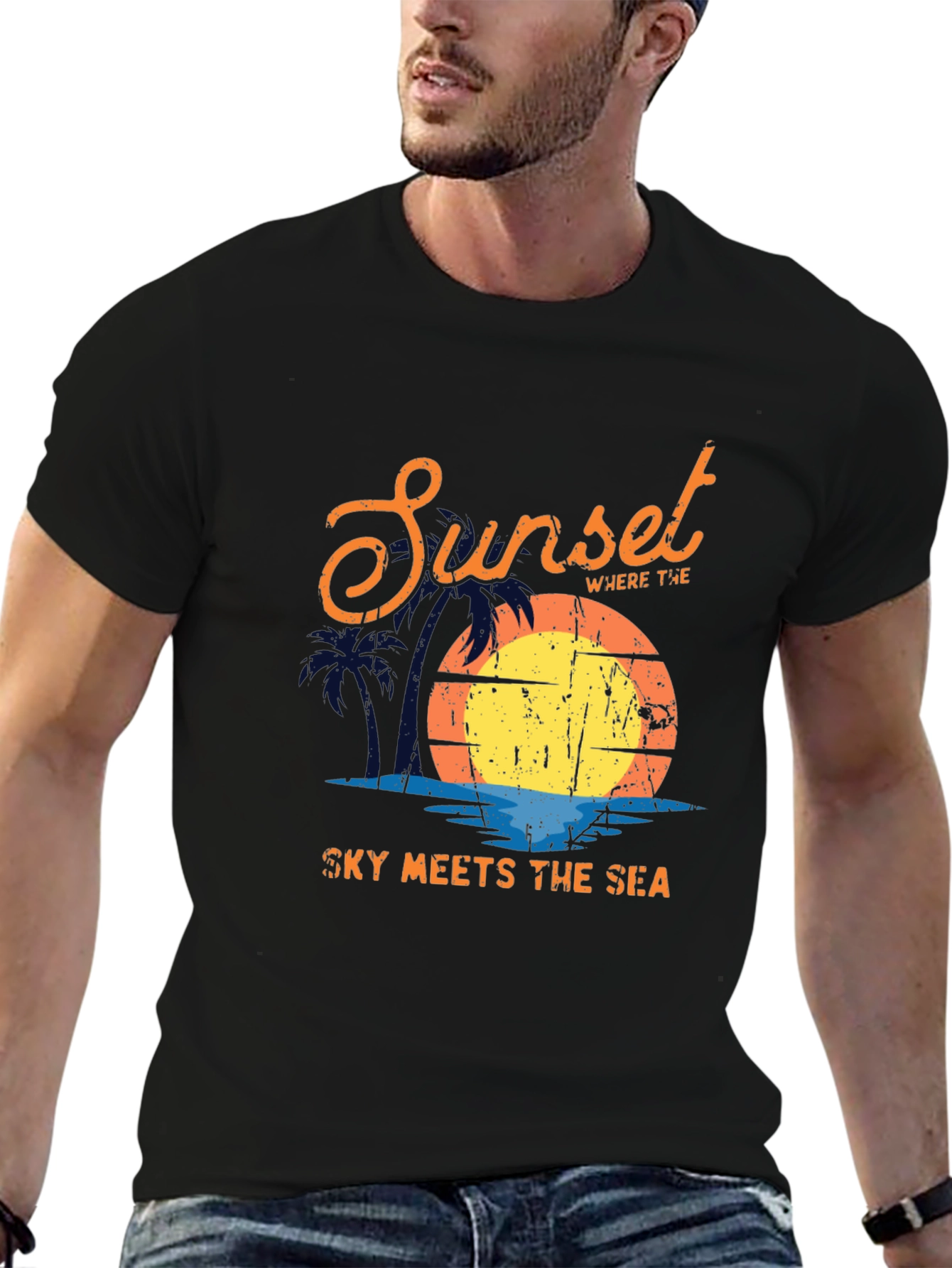 Sunset Sky Meets Sea Graphic Black T-Shirt - 6