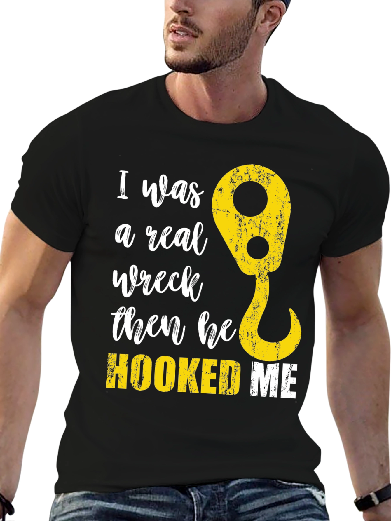 Black Funny Tow Truck Hooked Me T-Shirt view 6