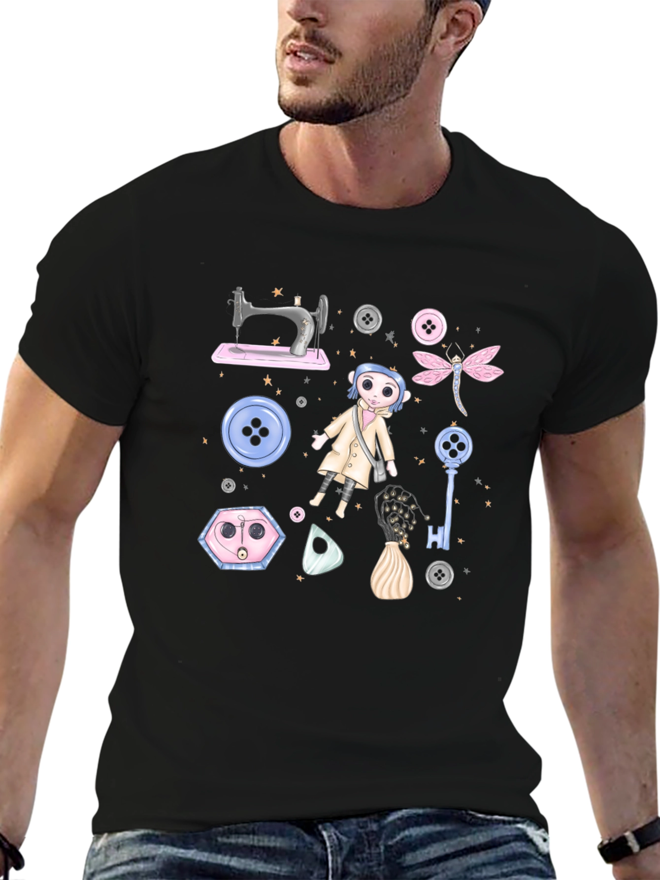 Black Novelty Coraline-Themed Graphic Tee view 6