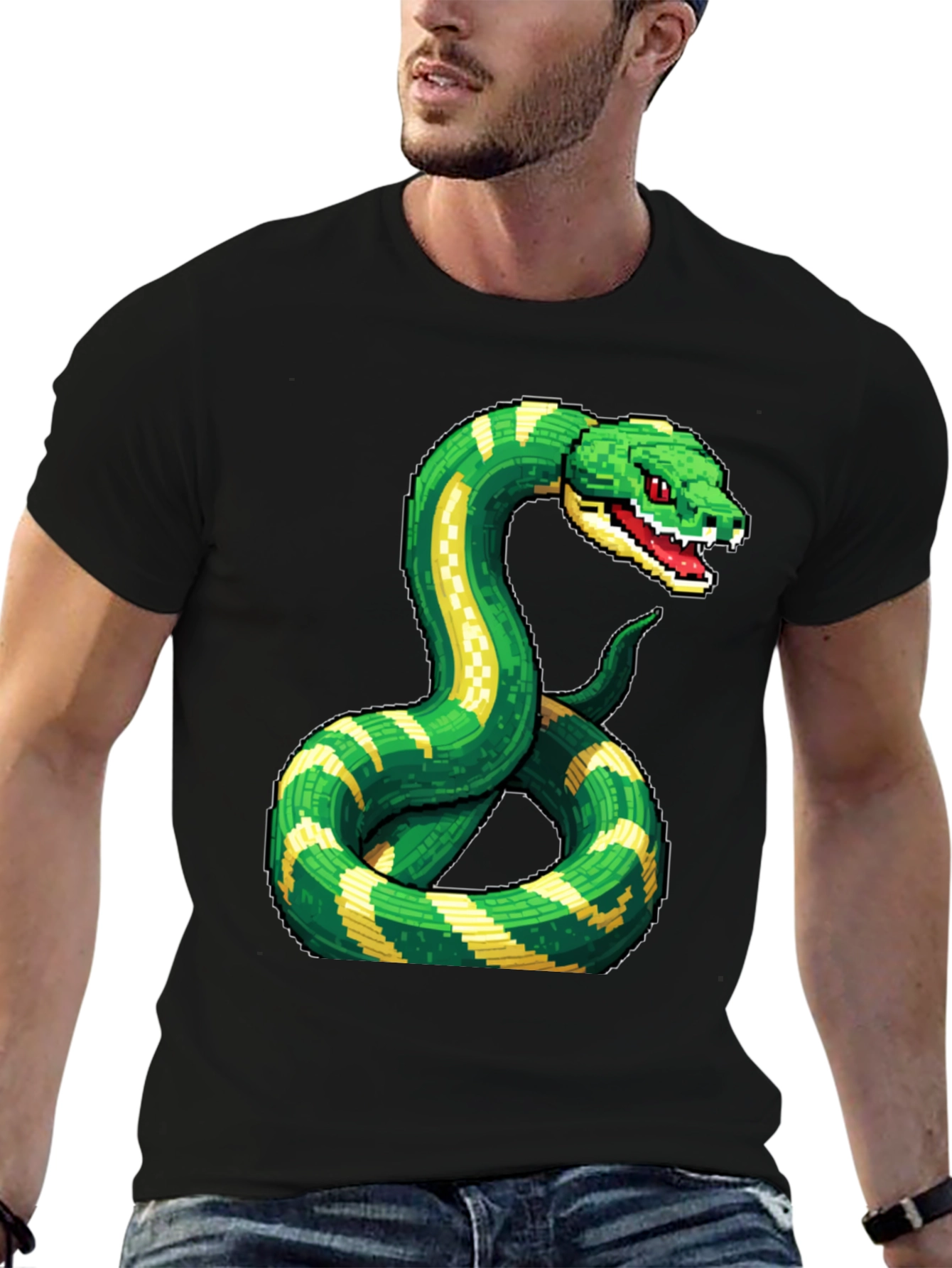 Black Pixelated Snake Graphic Tee - Gamer Style view 6