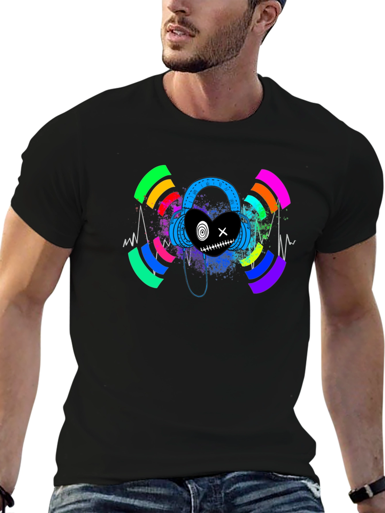 Black Headphones Heart Graphic Black T-Shirt view 6