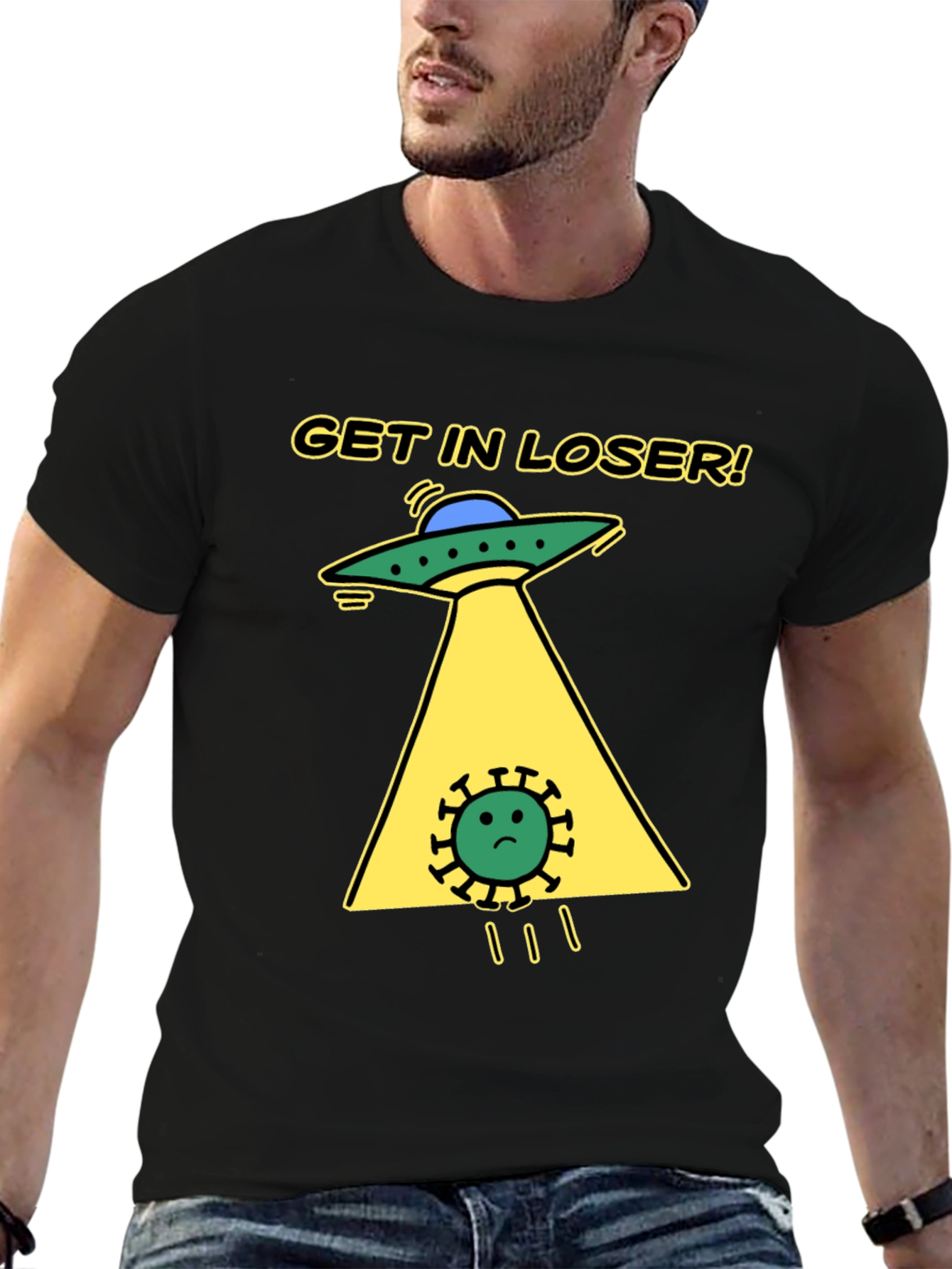 Black Get in Loser! Funny Alien Abduction T-Shirt view 6