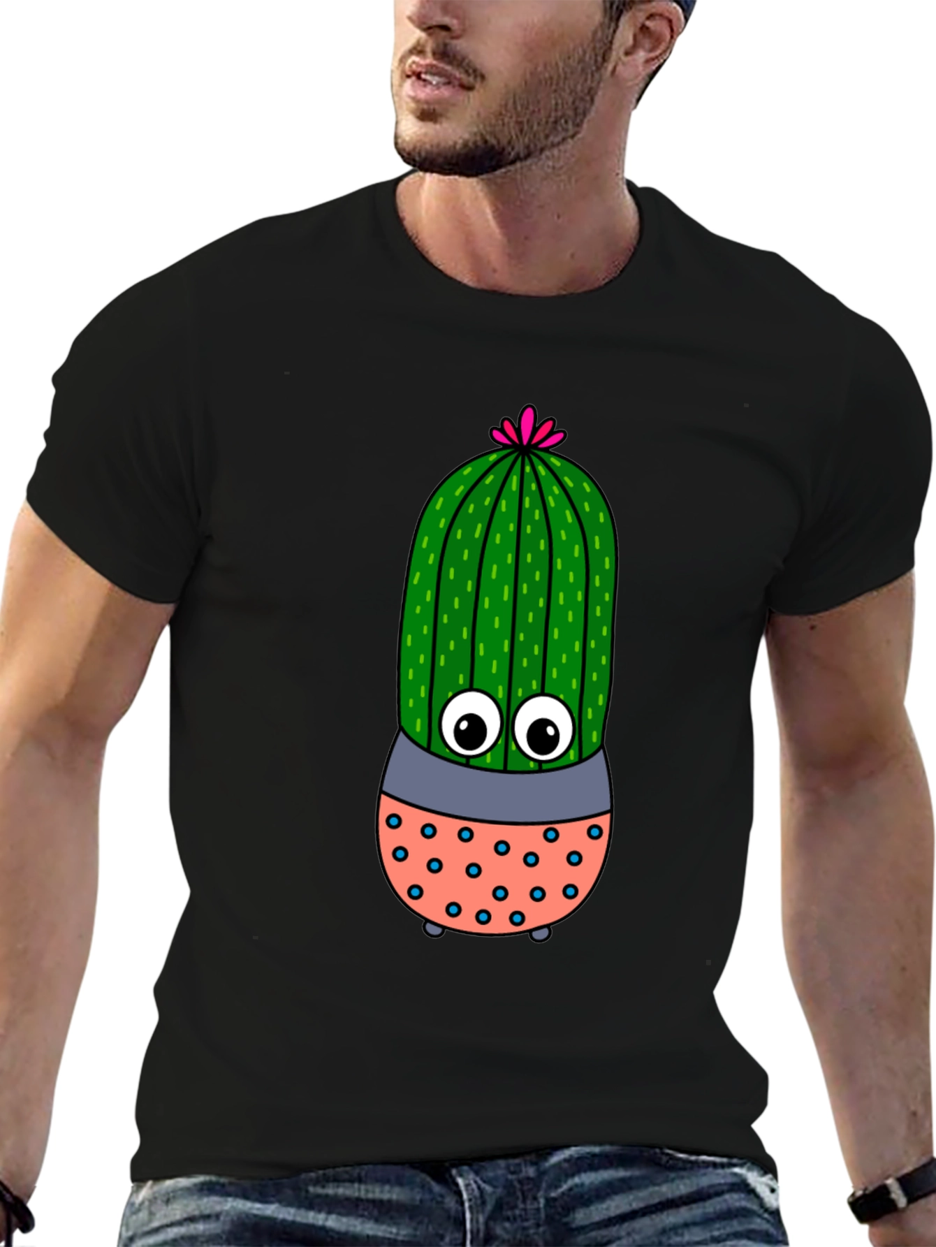 Black Cute Cartoon Cactus Black T-Shirt view 6