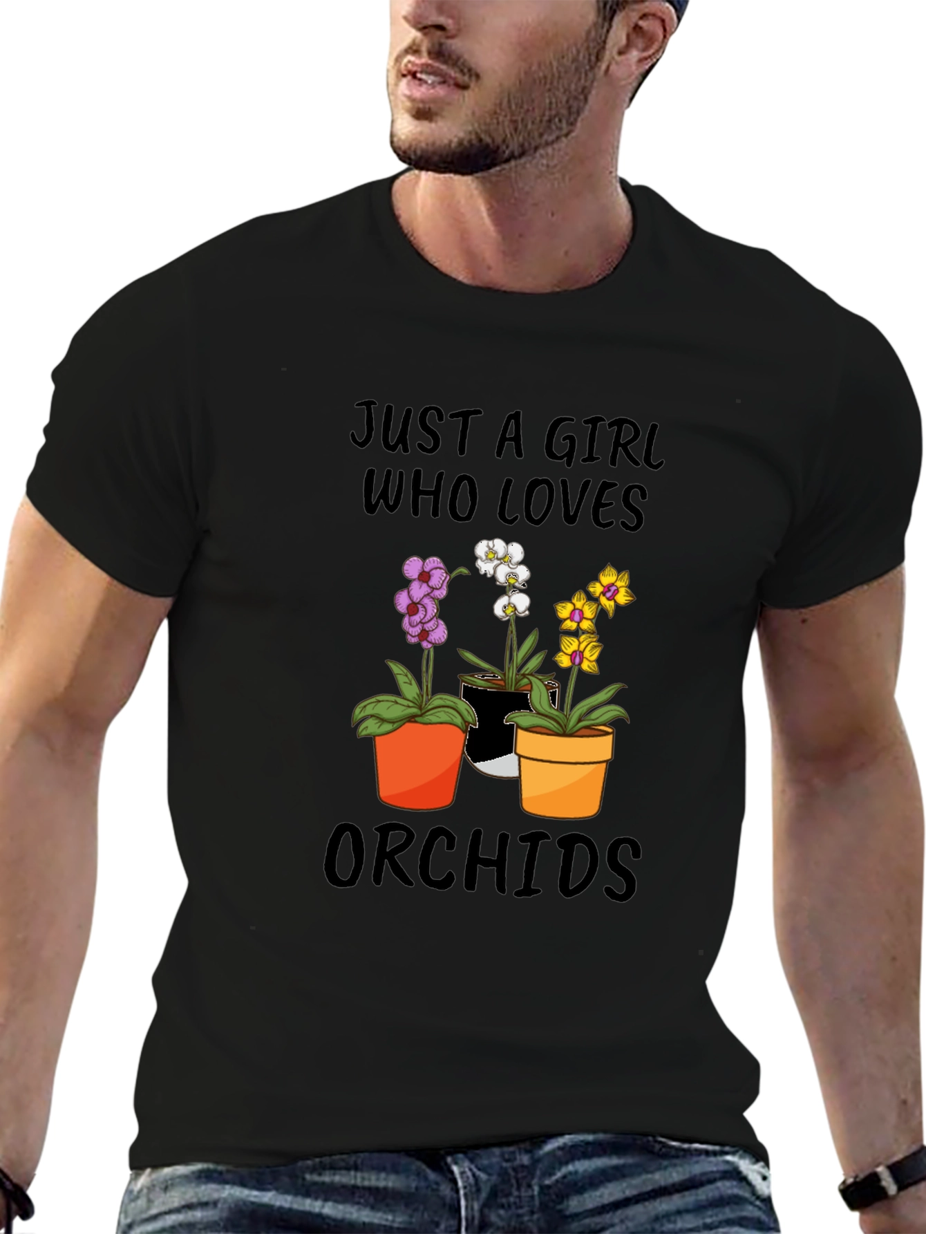 Black Just A Girl Who Loves Orchids T-Shirt view 6
