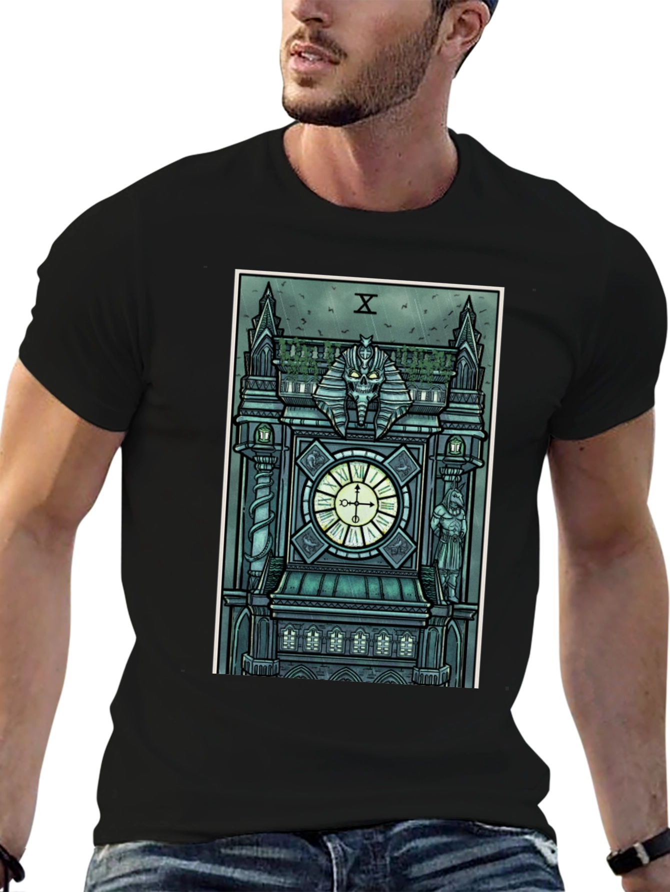 Black Gothic Clock Tower Graphic T-Shirt - Men's Black Tee view 6