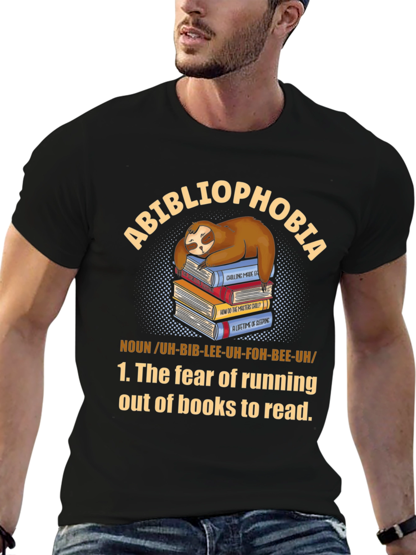 Black Abibliophobia Sloth Book Lover T-Shirt view 6