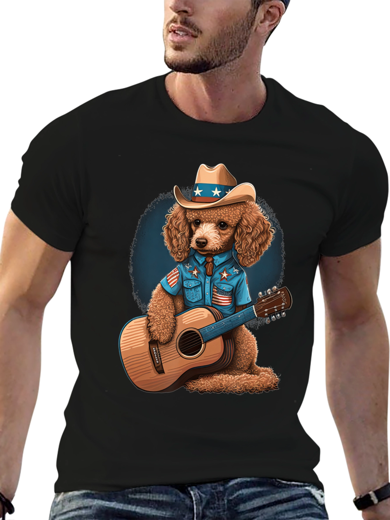 Black Patriotic Poodle Cowboy Guitarist T-Shirt view 6