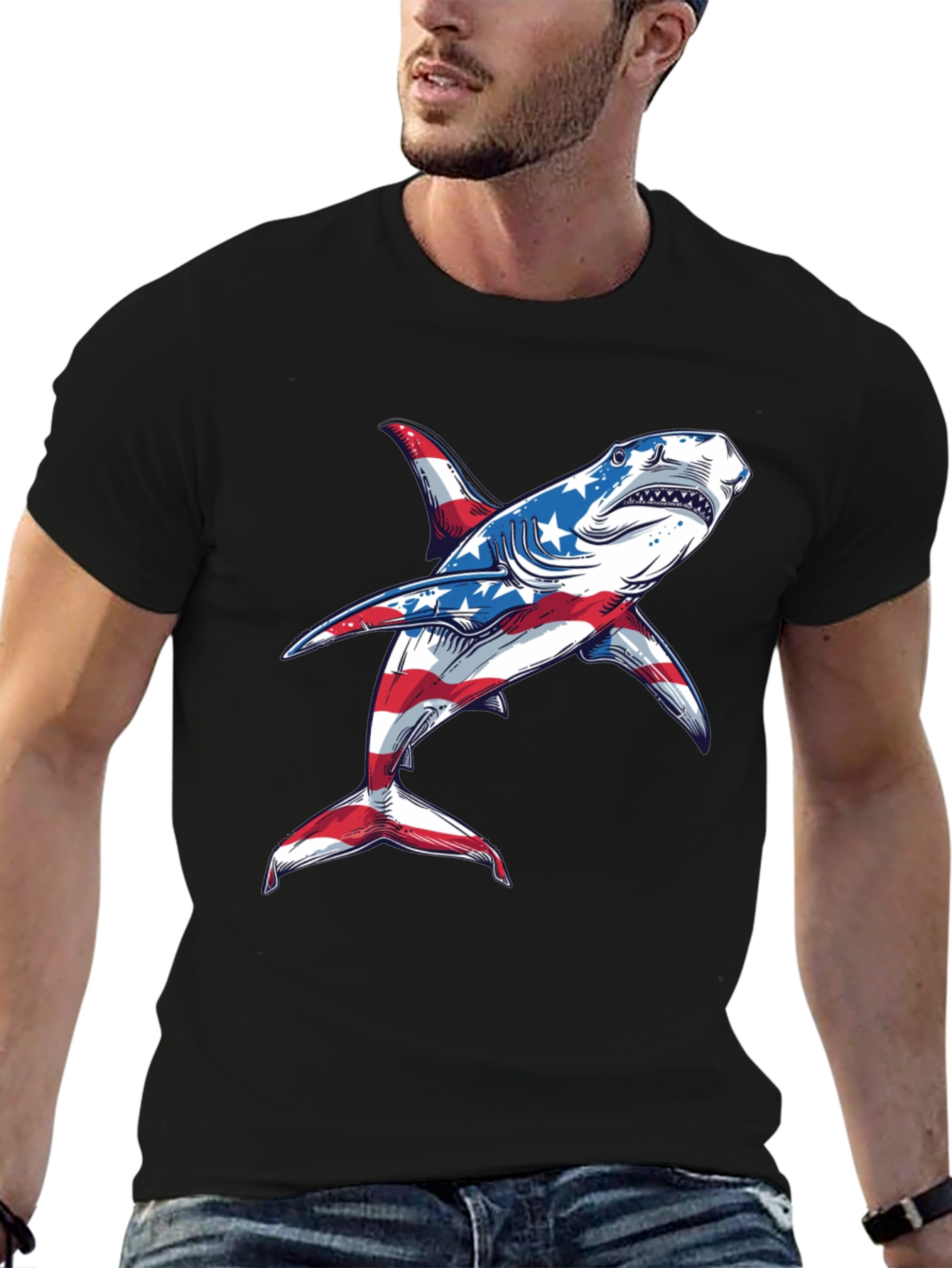 Black American Flag Shark Graphic Tee view 6