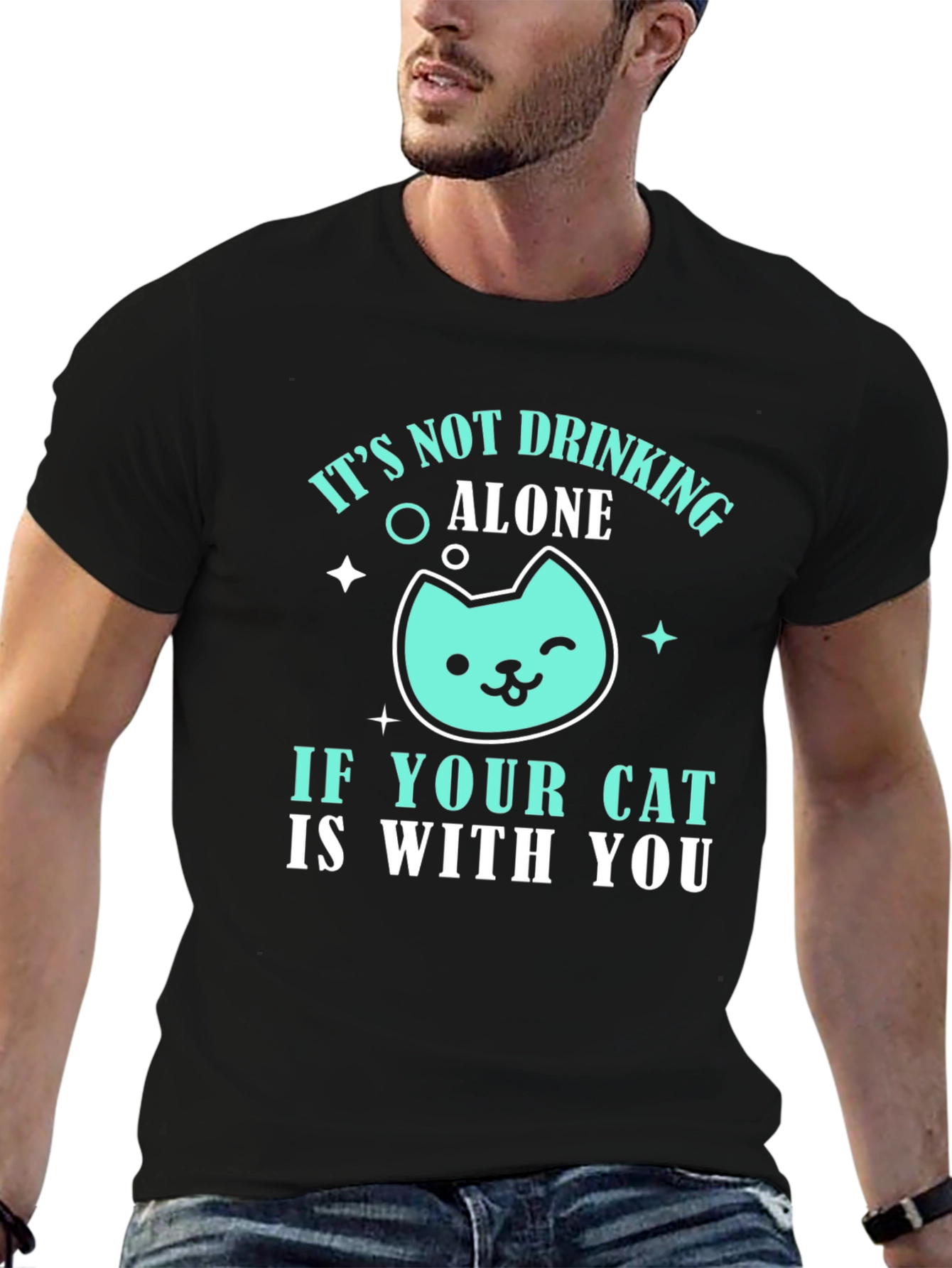 Black Drinking with Cat Graphic Tee - Funny Cat Lover T-Shirt view 6