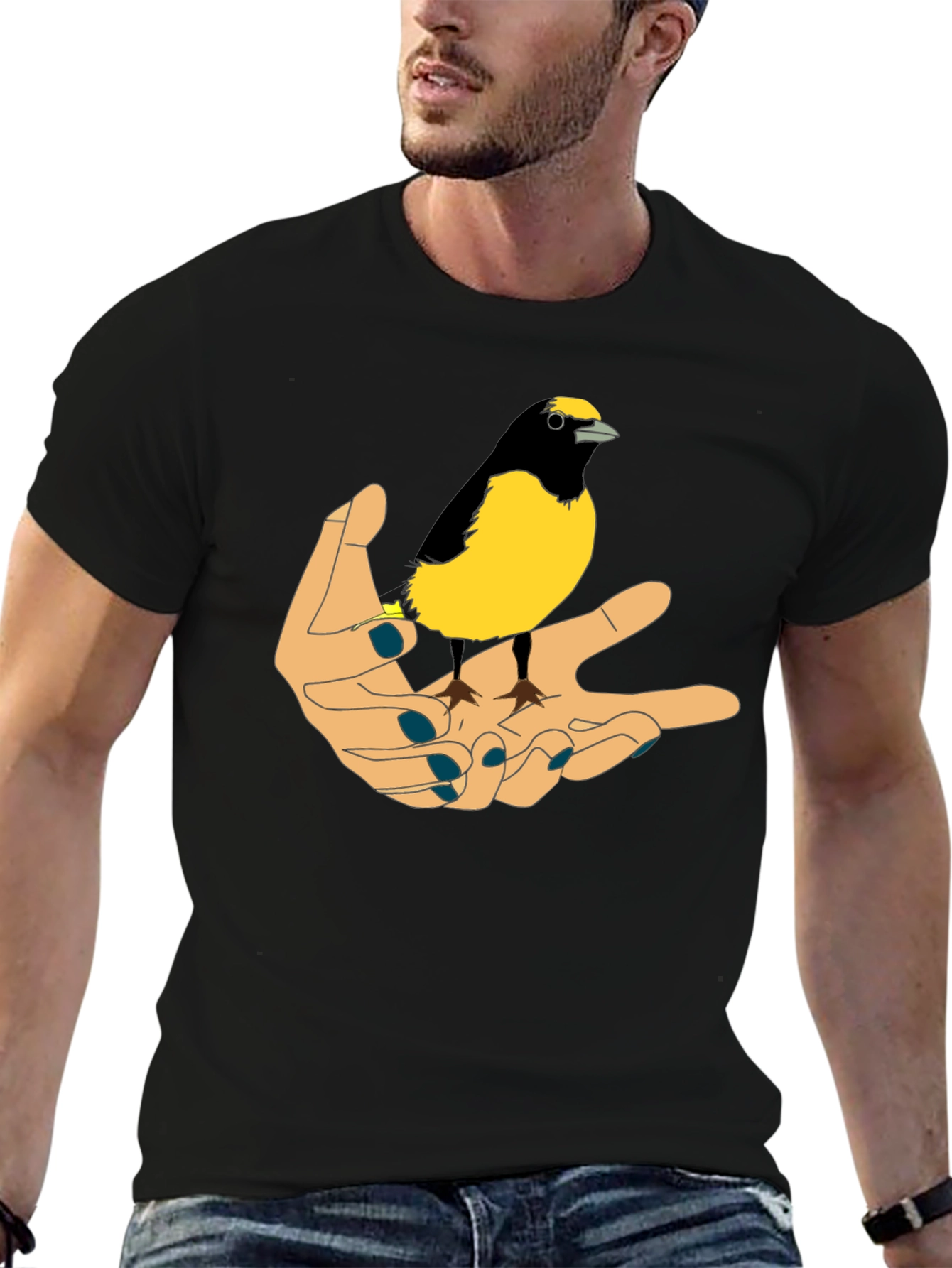 Black Bird on Hand Graphic Tee - Black Cotton T-Shirt view 6