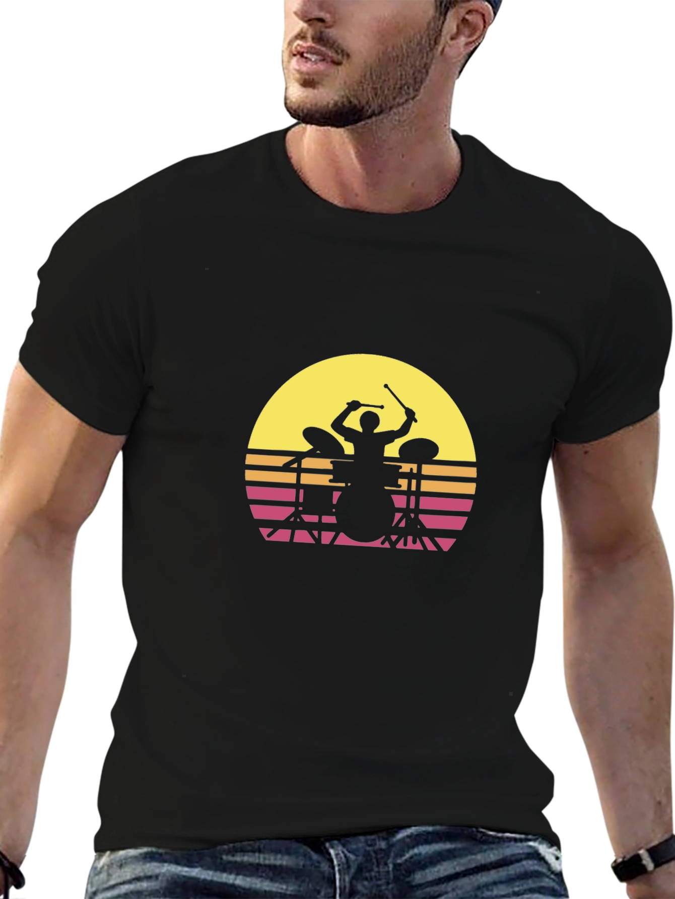 Black Retro Drummer Silhouette T-Shirt view 6
