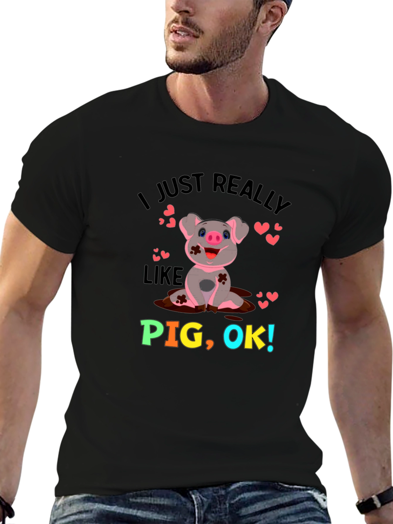 Black I Just Really Like Pigs! Novelty Graphic T-Shirt view 6