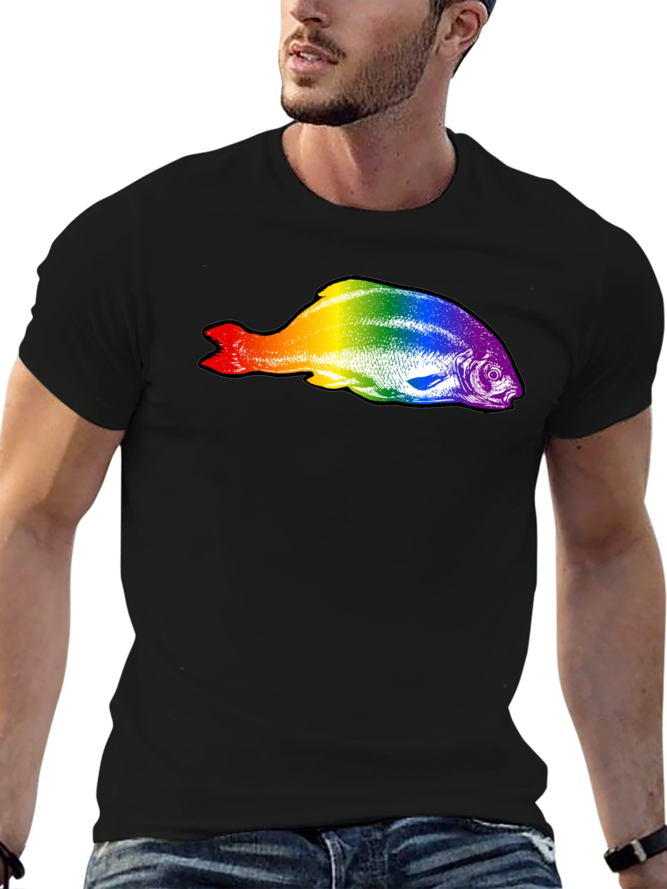 Black Rainbow Fish Graphic Black T-Shirt view 6
