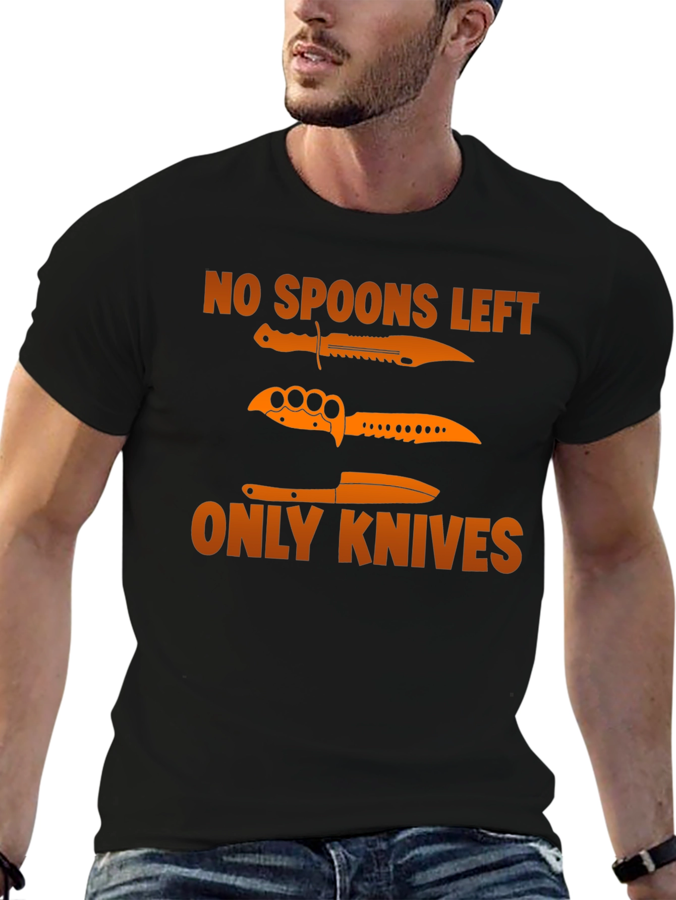 Black No Spoons Left Only Knives T-Shirt view 6