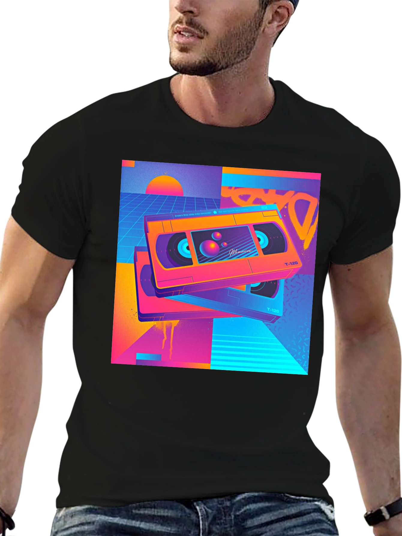 Black Retro Wave VHS T-Shirt - 80s Aesthetic Design view 6