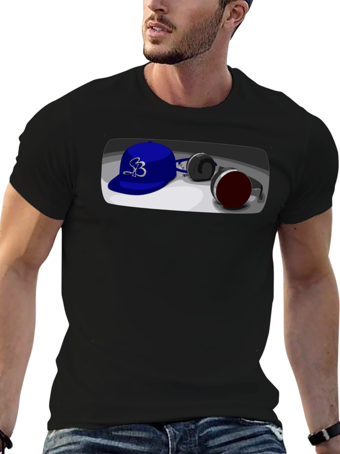 Black Cool Cartoon Blue Hat and Headphones Graphic Tee view 6