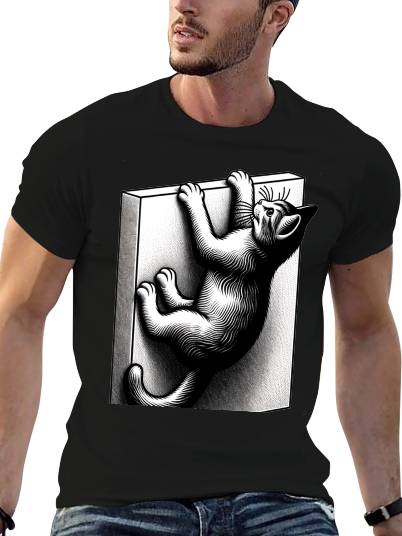 Black Climbing Cat Graphic Tee - Black Cotton Blend view 6