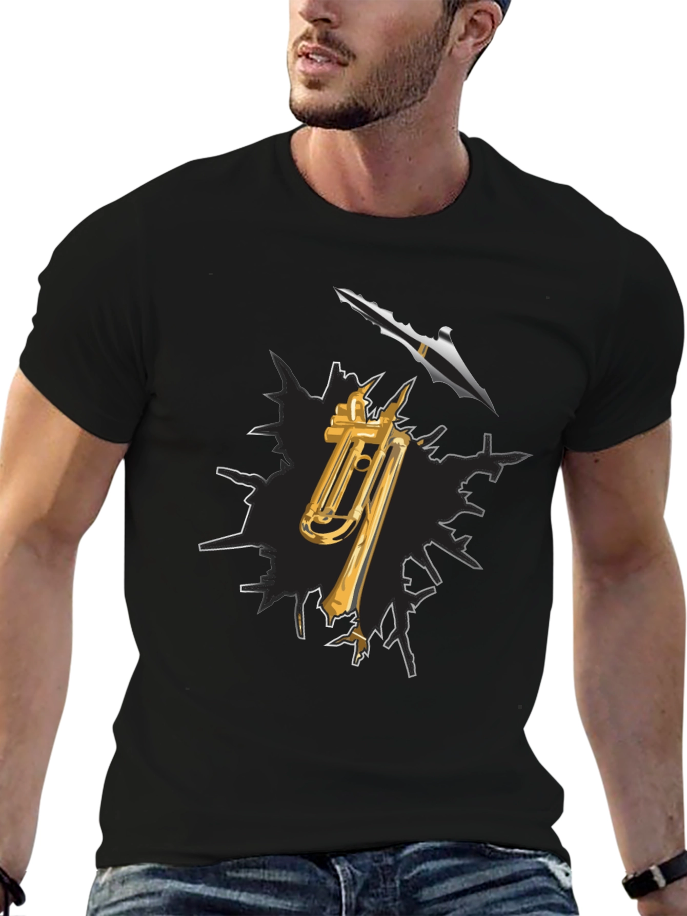 Black Trumpet and Spear Graphic Black T-Shirt view 6